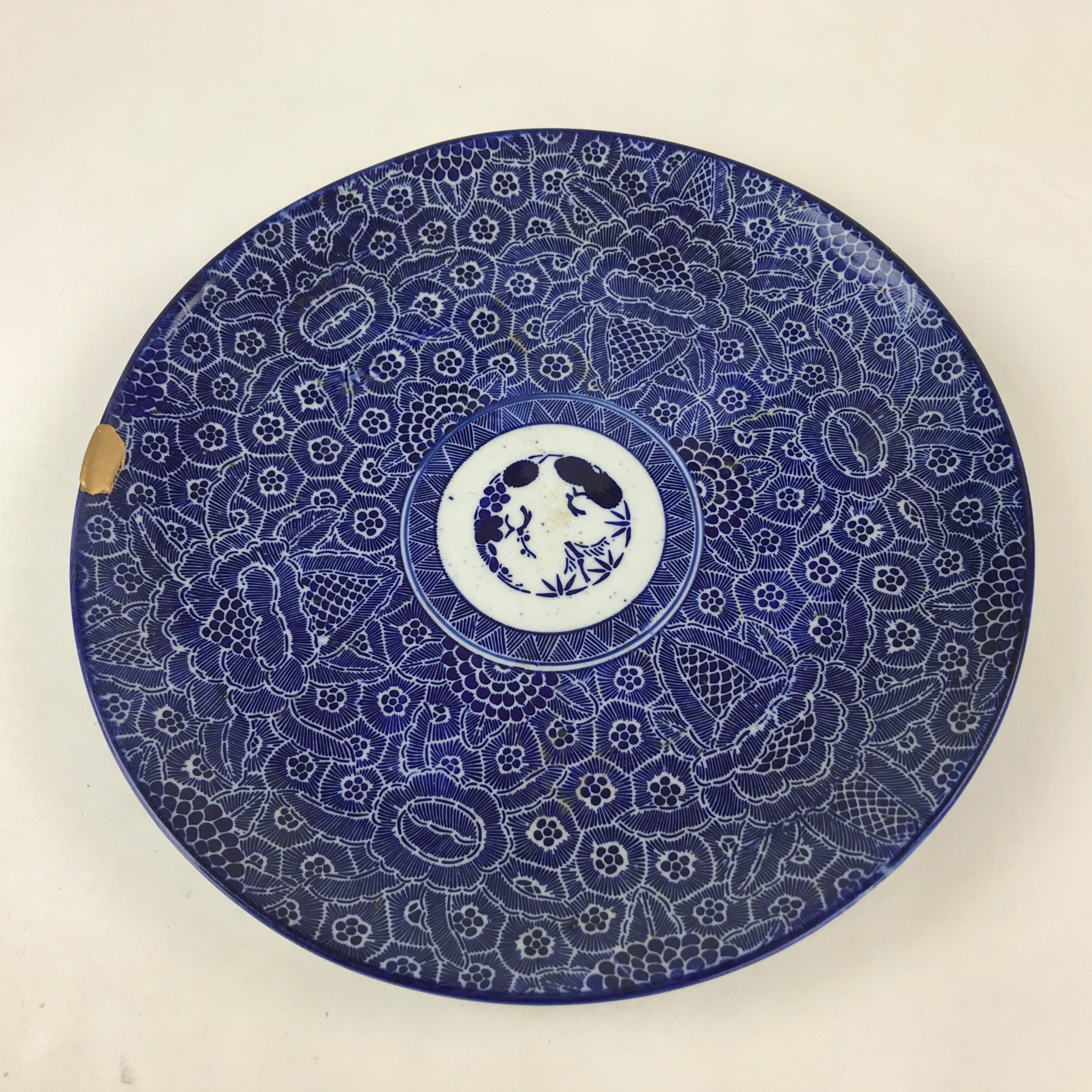 Antique Japanese Ceramic Large Plate Sometsuke Imari Ware Floral Kintsugi PY589