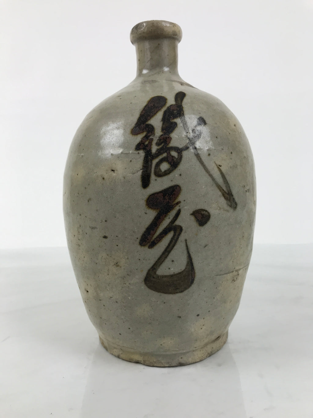 Antique Japanese Ceramic Sake Bottle Kayoi-Tokkuri Brown Gray Round TS877