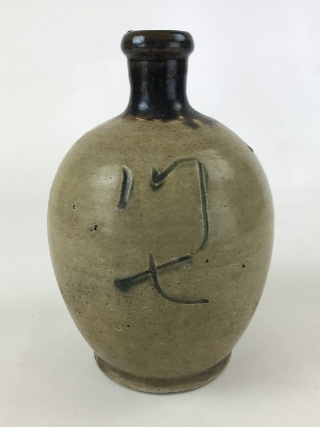 Antique Japanese Ceramic Sake Bottle Kayoi-Tokkuri Brown Handwritten Kanji TS563
