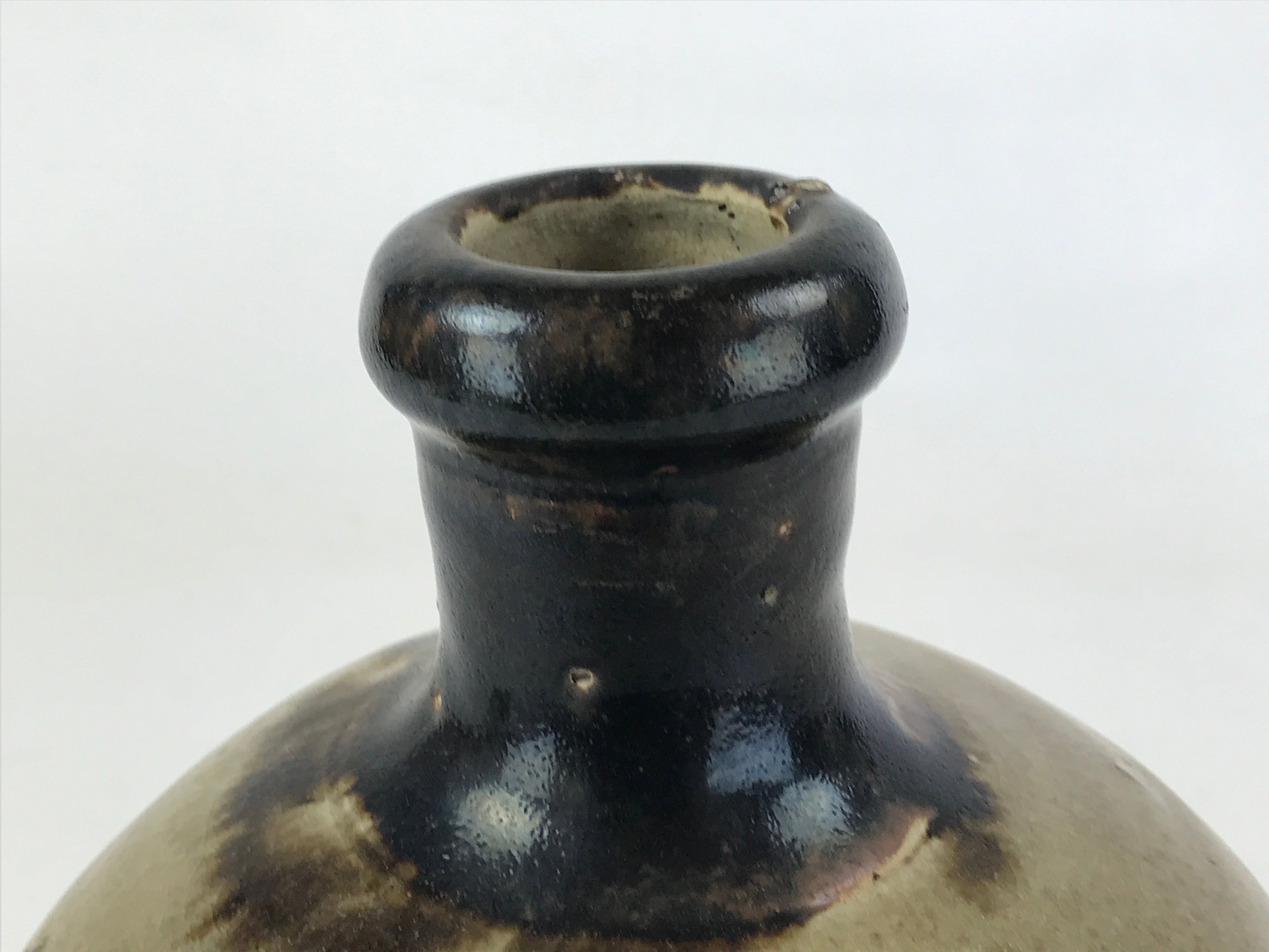 Antique Japanese Ceramic Sake Bottle Kayoi-Tokkuri Brown Handwritten Kanji TS563