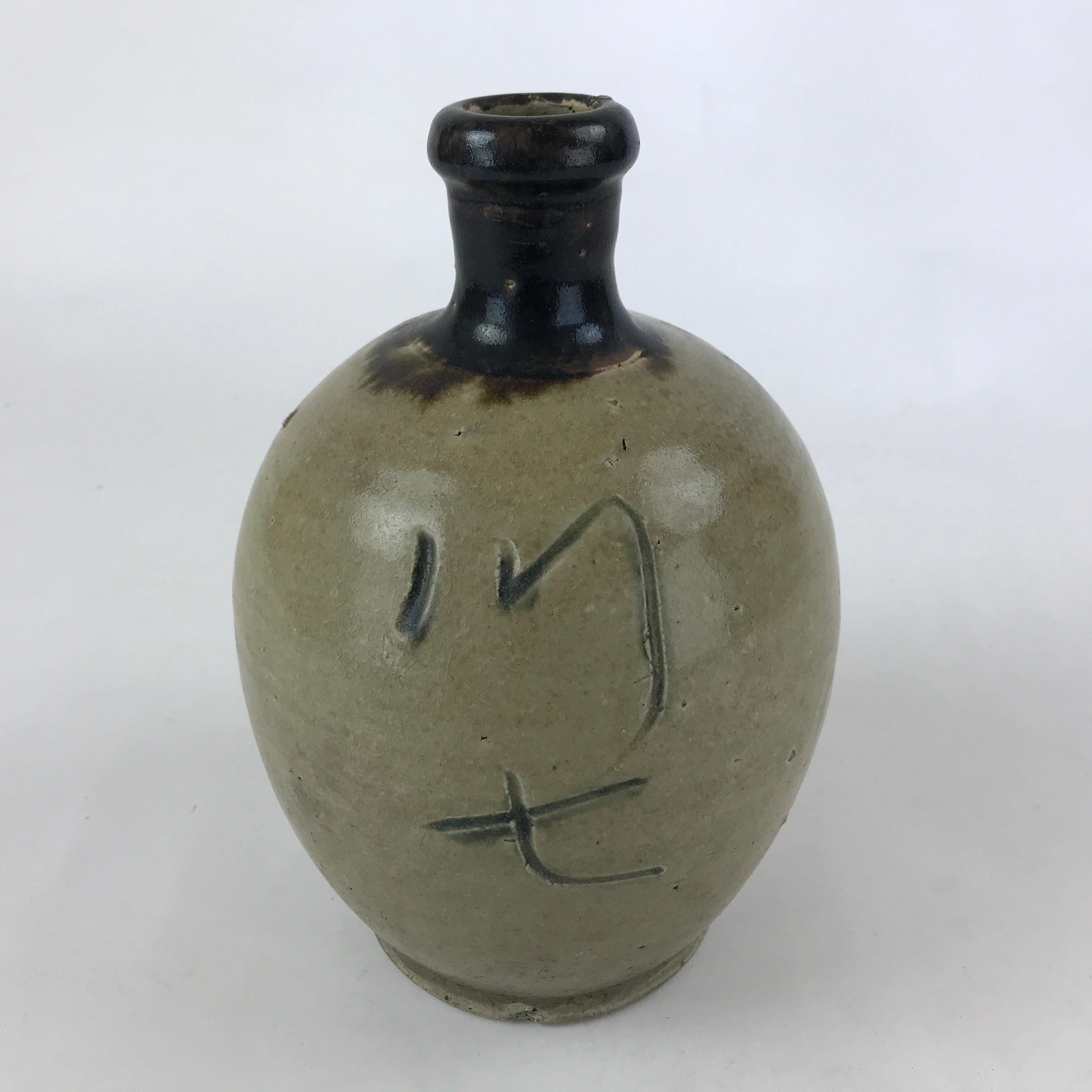 Antique Japanese Ceramic Sake Bottle Kayoi-Tokkuri Brown Handwritten Kanji TS563