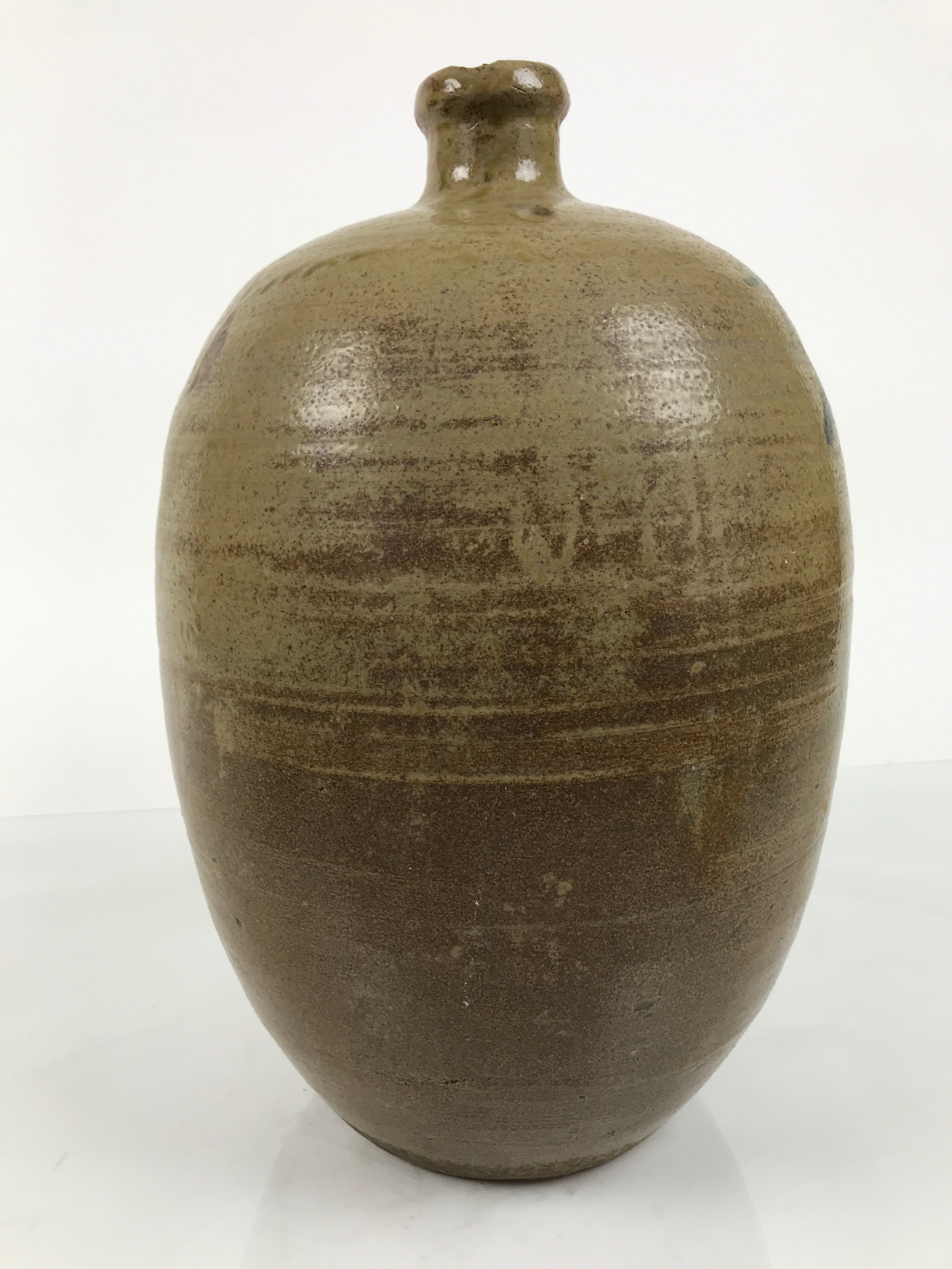 Antique Japanese Ceramic Sake Bottle Kayoi-Tokkuri Brown Round Large Logo TS876