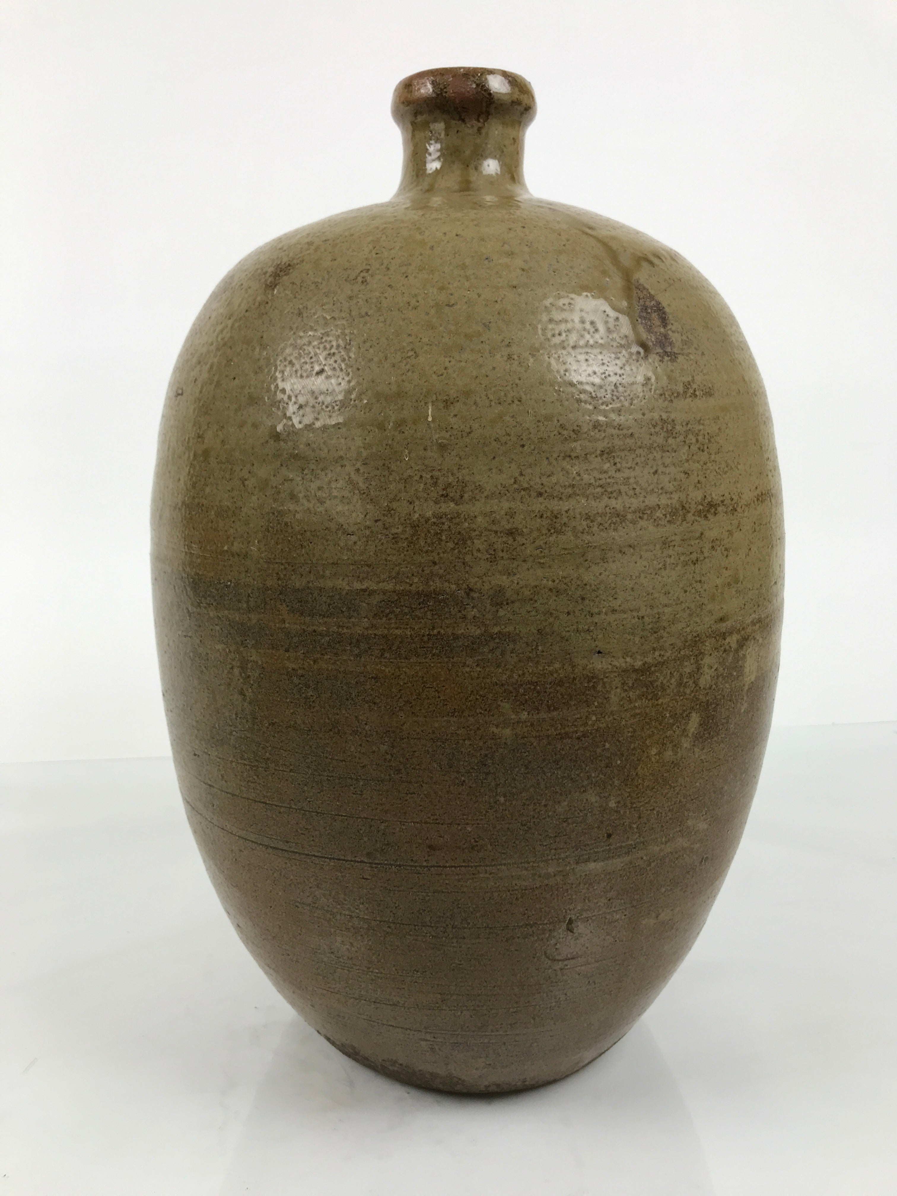 Antique Japanese Ceramic Sake Bottle Kayoi-Tokkuri Brown Round Large Logo TS876