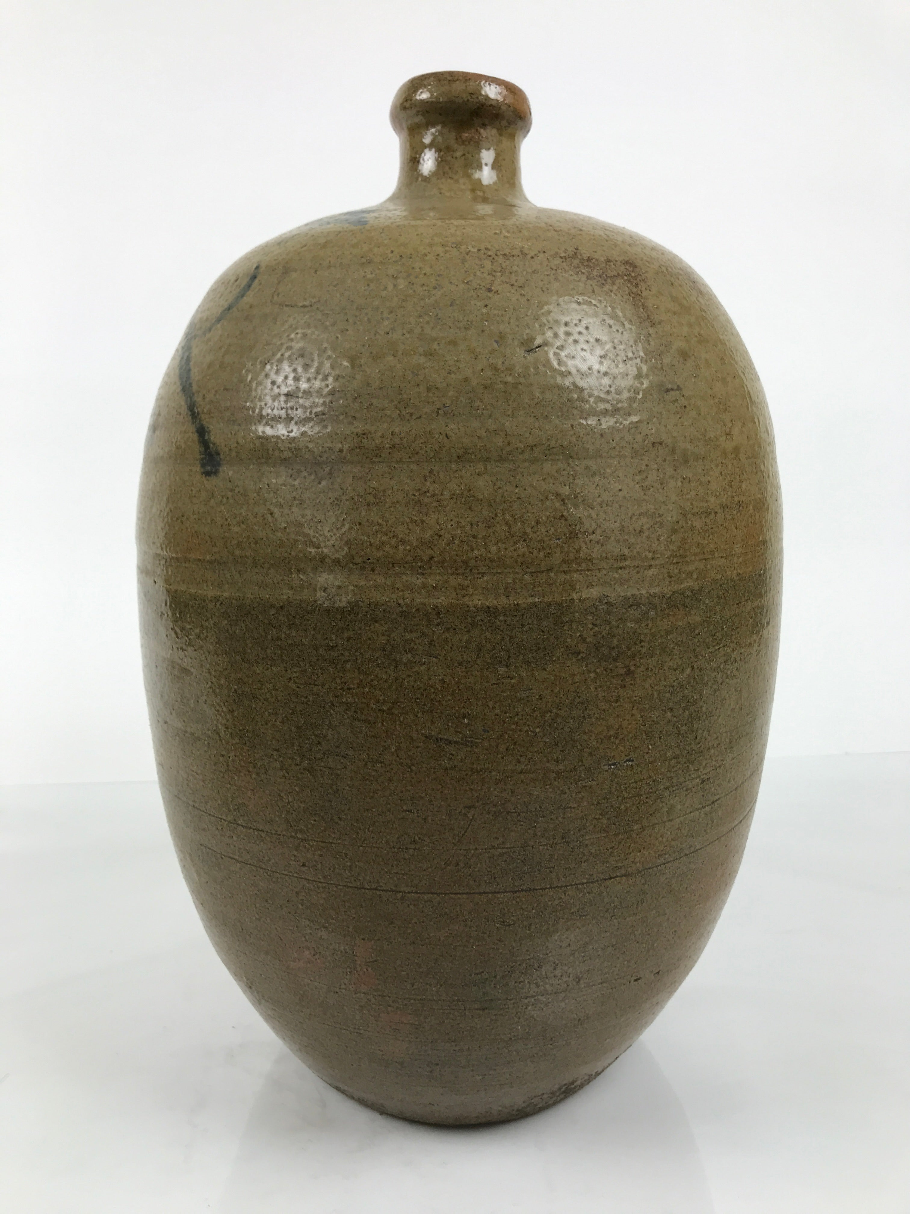 Antique Japanese Ceramic Sake Bottle Kayoi-Tokkuri Brown Round Large Logo TS876