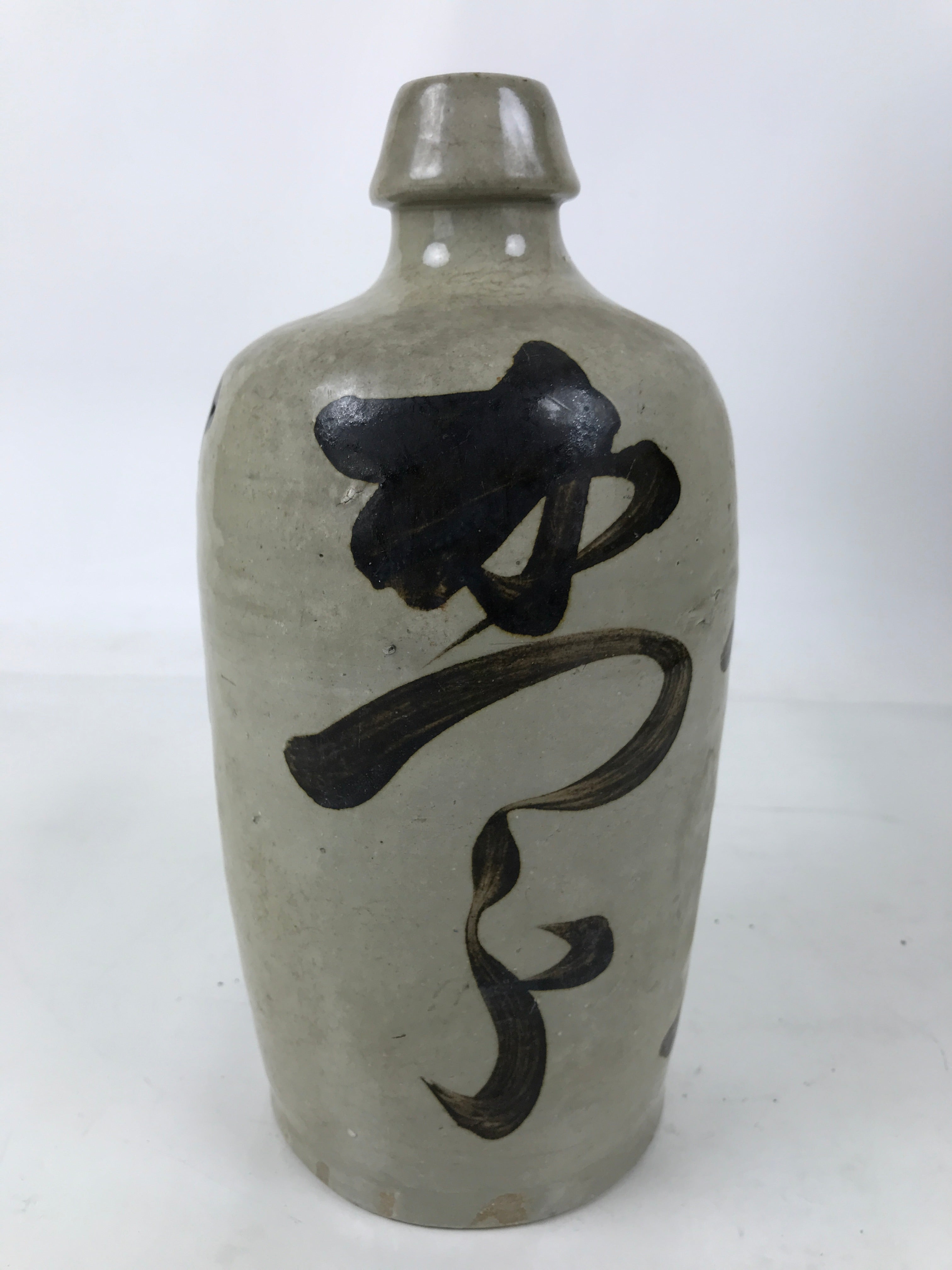 Antique Japanese Ceramic Sake Bottle Kayoi-Tokkuri Gray Black Kanji Kannyu TS808
