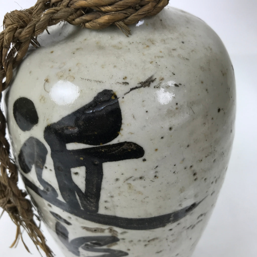 Antique Japanese Ceramic Sake Bottle Kayoi-Tokkuri Gray Black Kanji String TS810