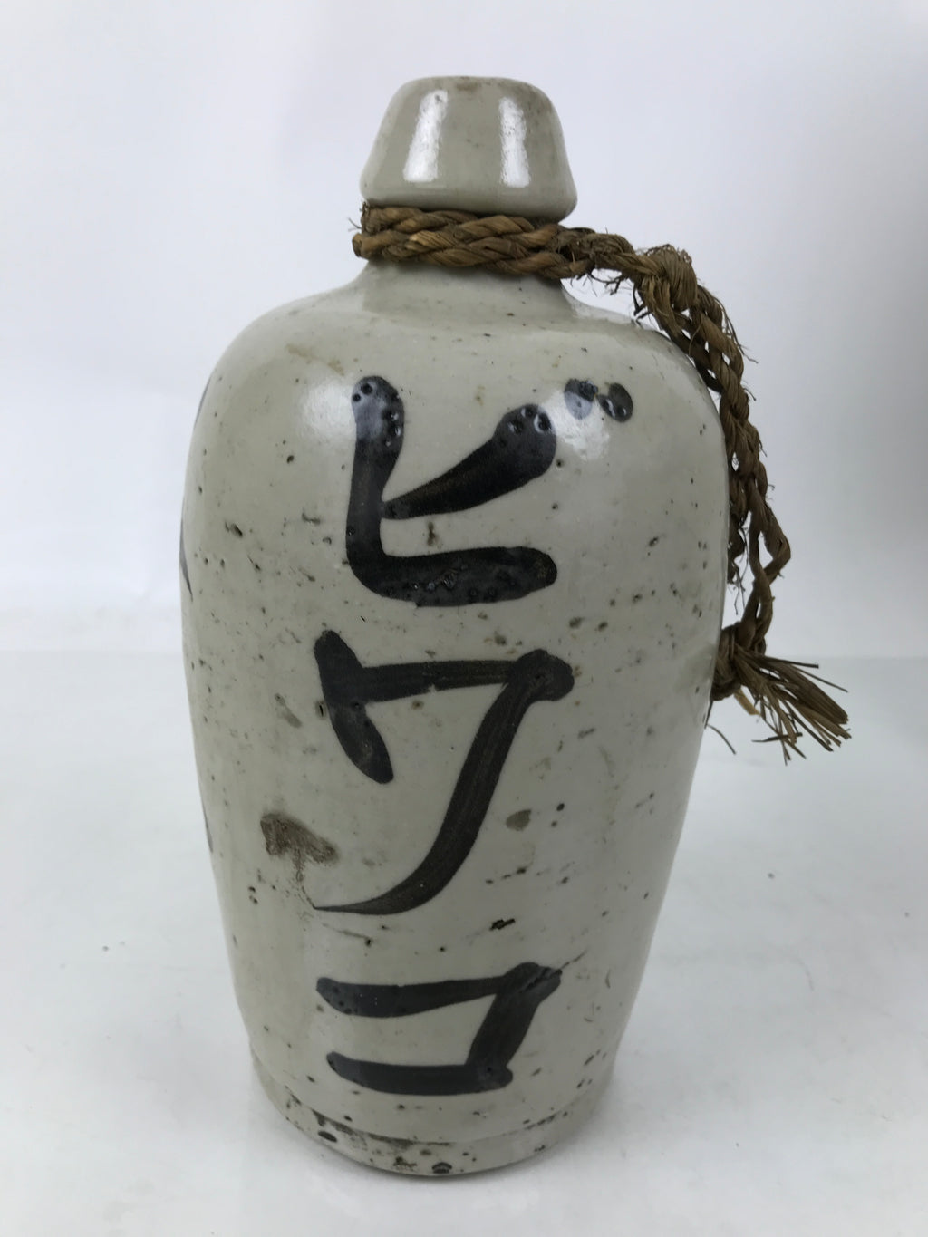 Antique Japanese Ceramic Sake Bottle Kayoi-Tokkuri Gray Black Kanji String TS810