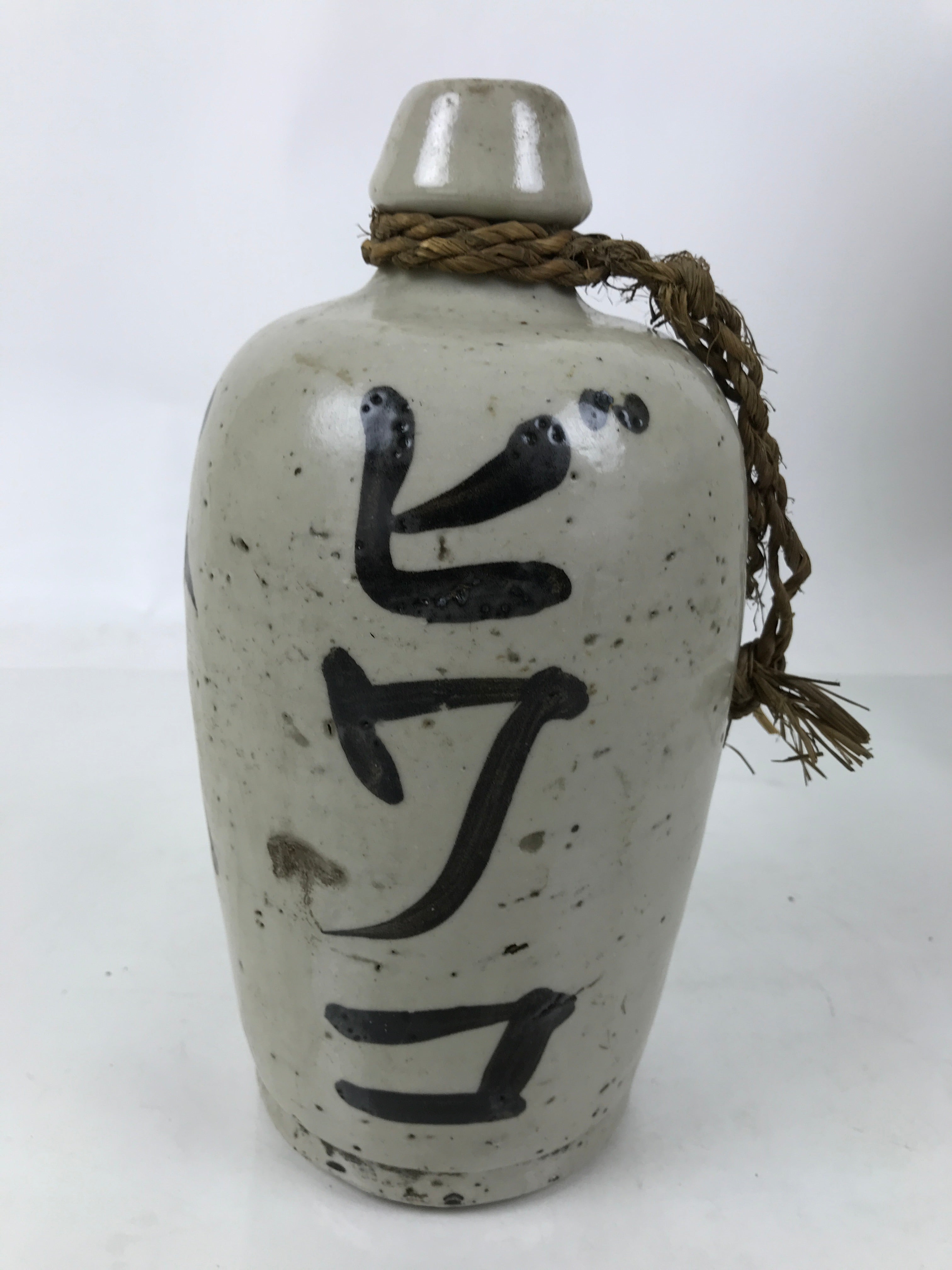 Antique Japanese Ceramic Sake Bottle Kayoi-Tokkuri Gray Black Kanji String TS810