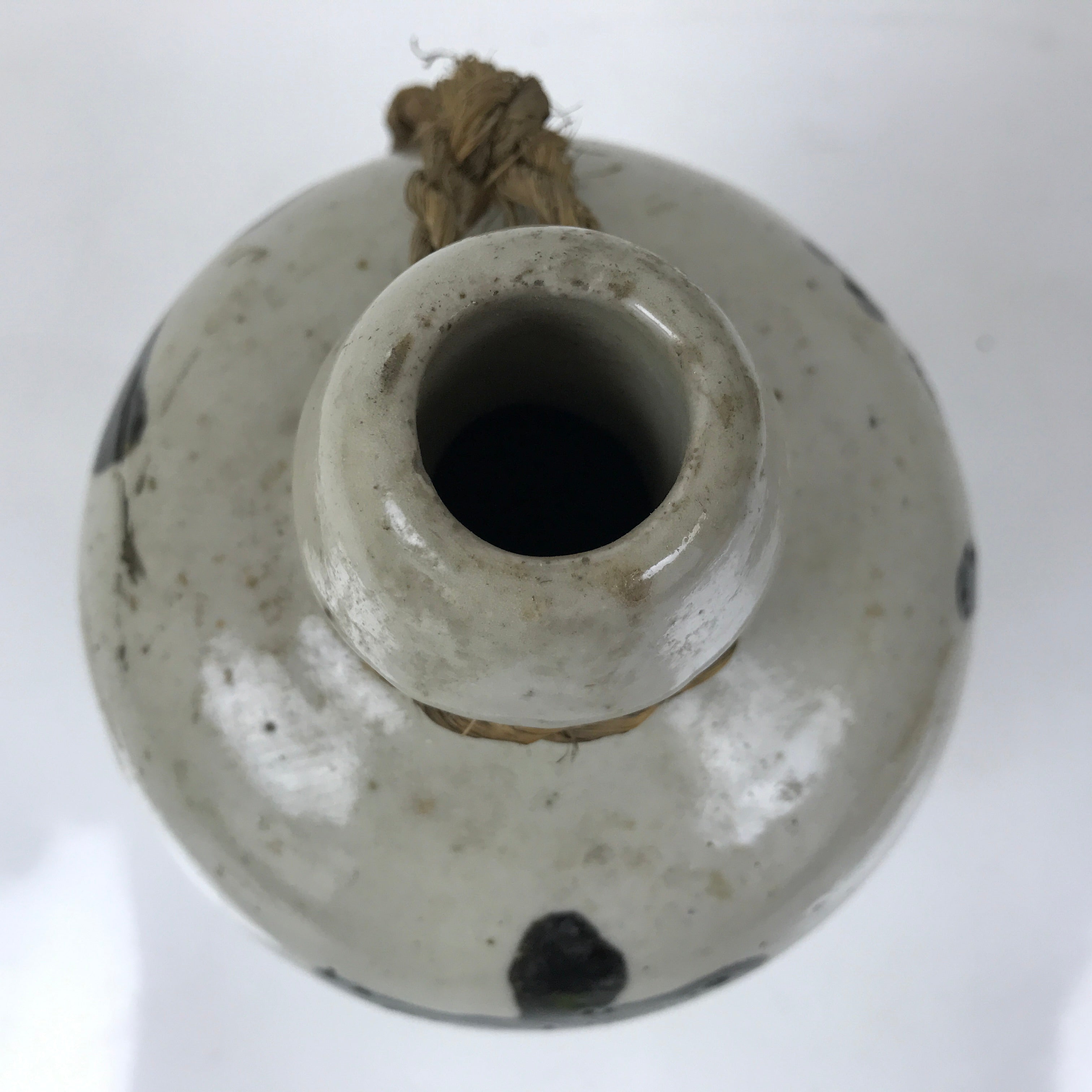 Antique Japanese Ceramic Sake Bottle Kayoi-Tokkuri Gray Black Kanji String TS810