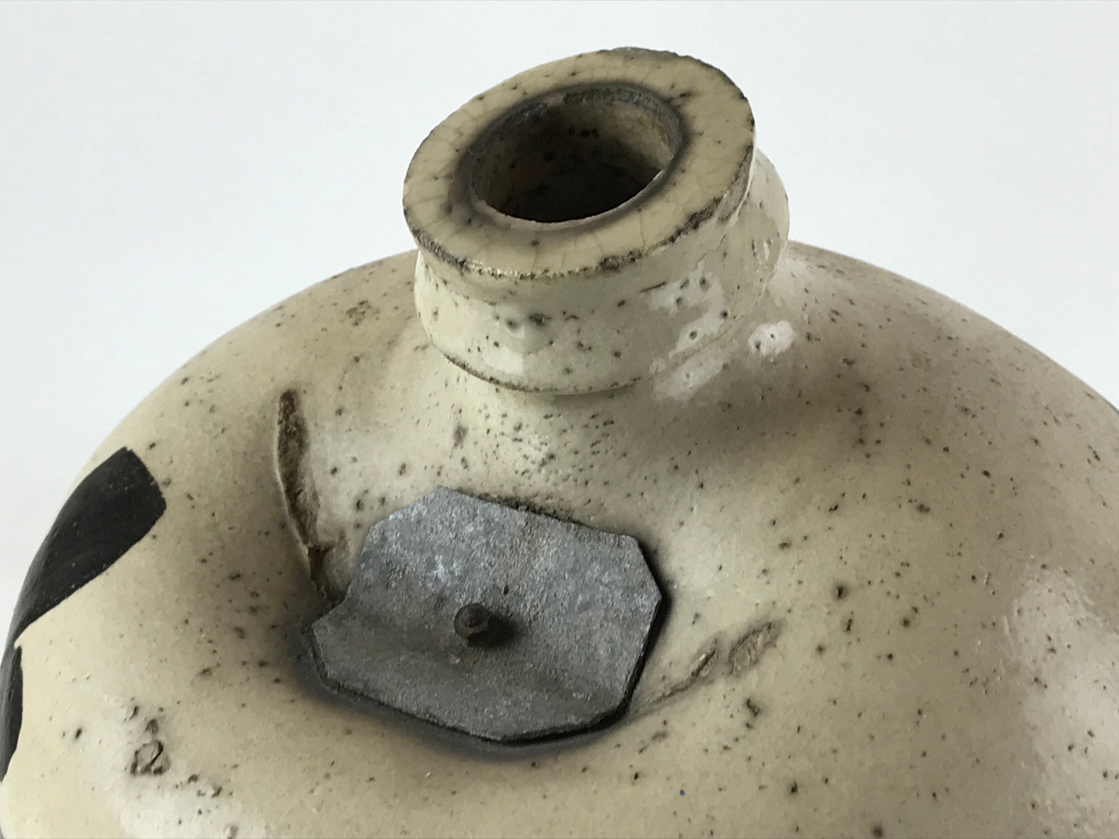 Antique Japanese Ceramic Sake Bottle Kayoi-Tokkuri Gray Black Kanji TS615