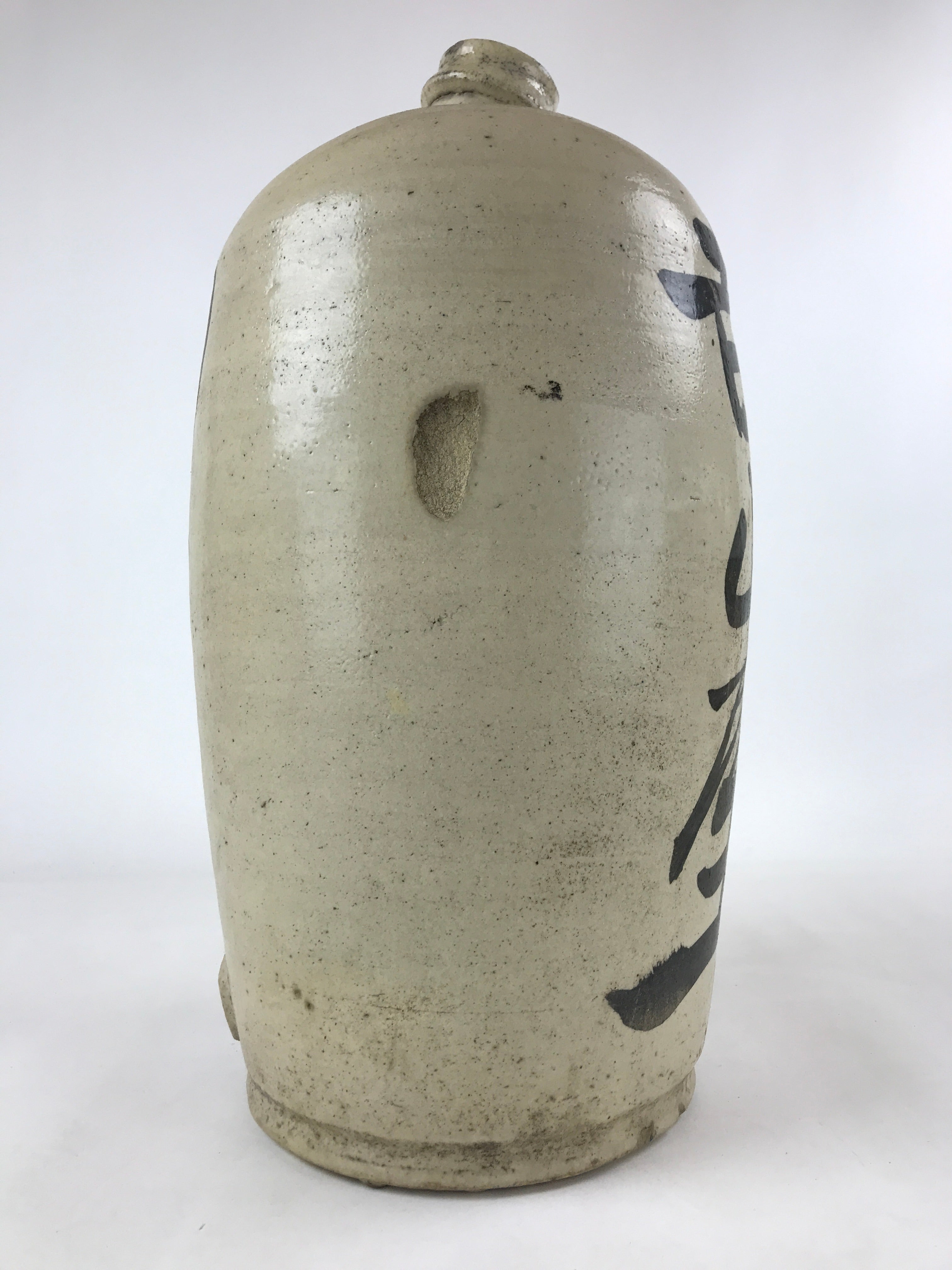 Antique Japanese Ceramic Sake Bottle Kayoi-Tokkuri Gray Black Kanji TS615