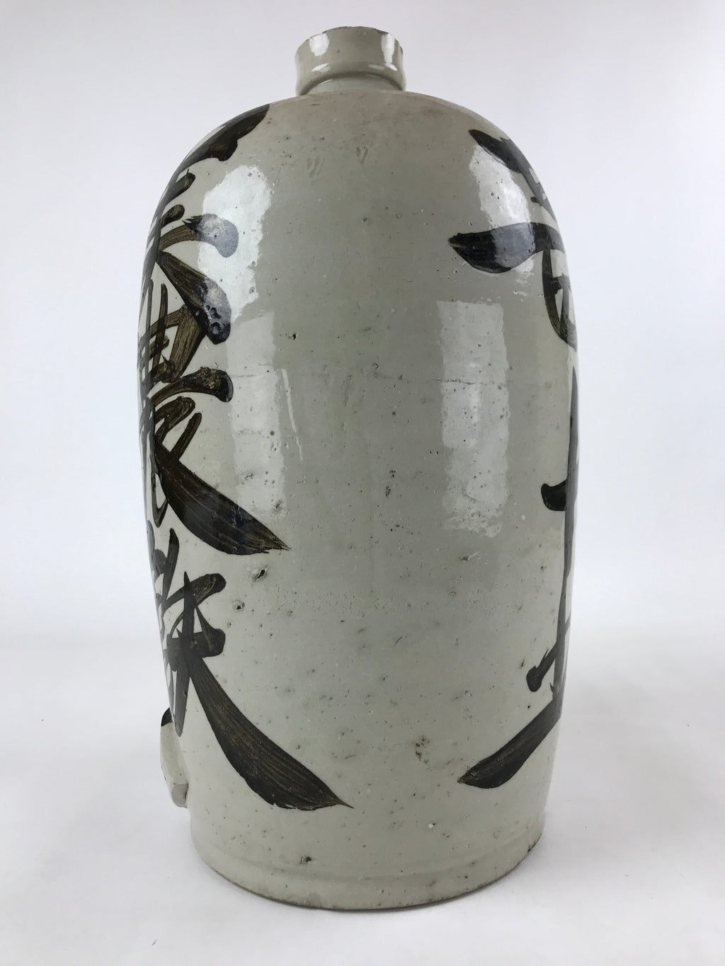 Antique Japanese Ceramic Sake Bottle Kayoi-Tokkuri Gray Black Kanji TS616