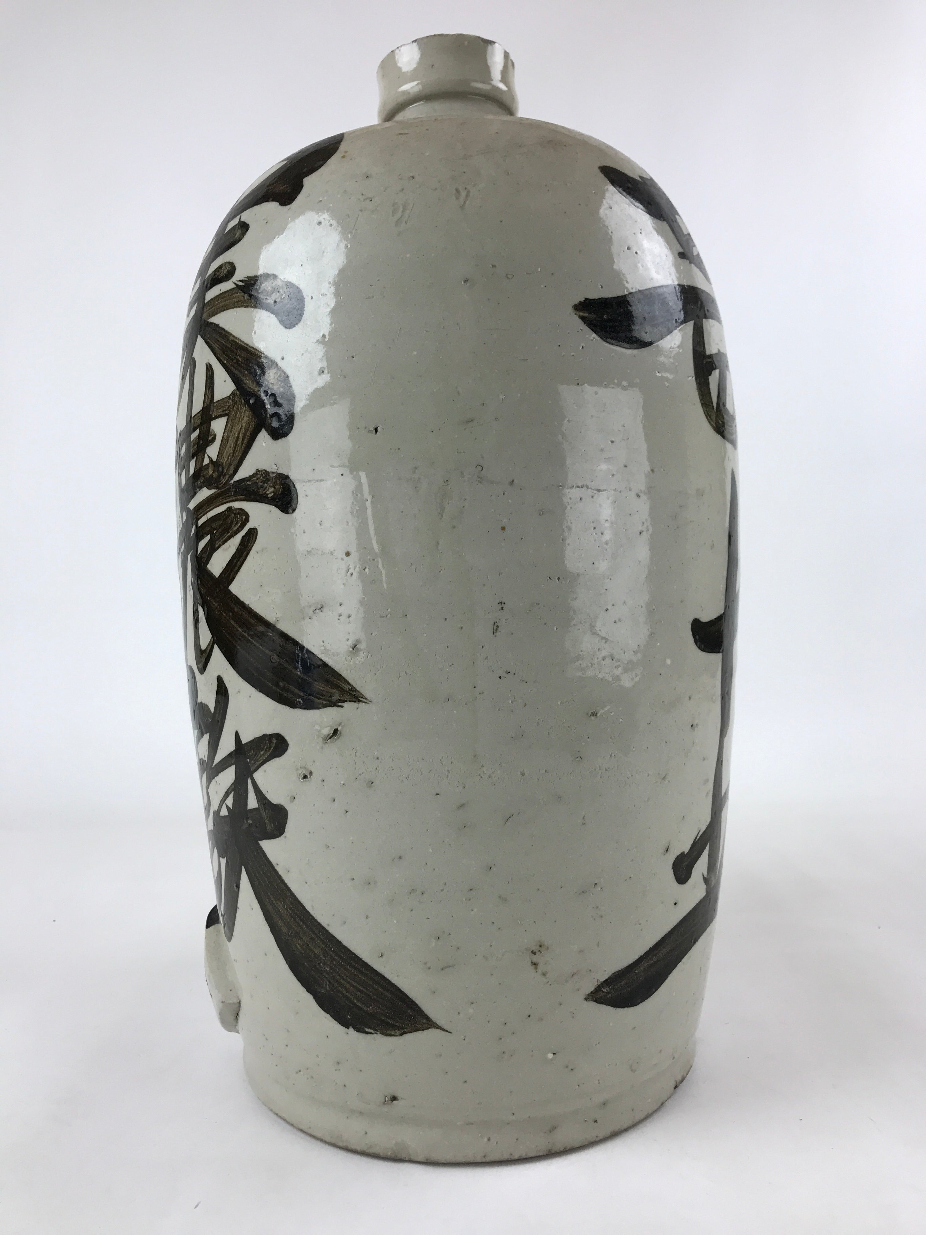 Antique Japanese Ceramic Sake Bottle Kayoi-Tokkuri Gray Black Kanji TS616