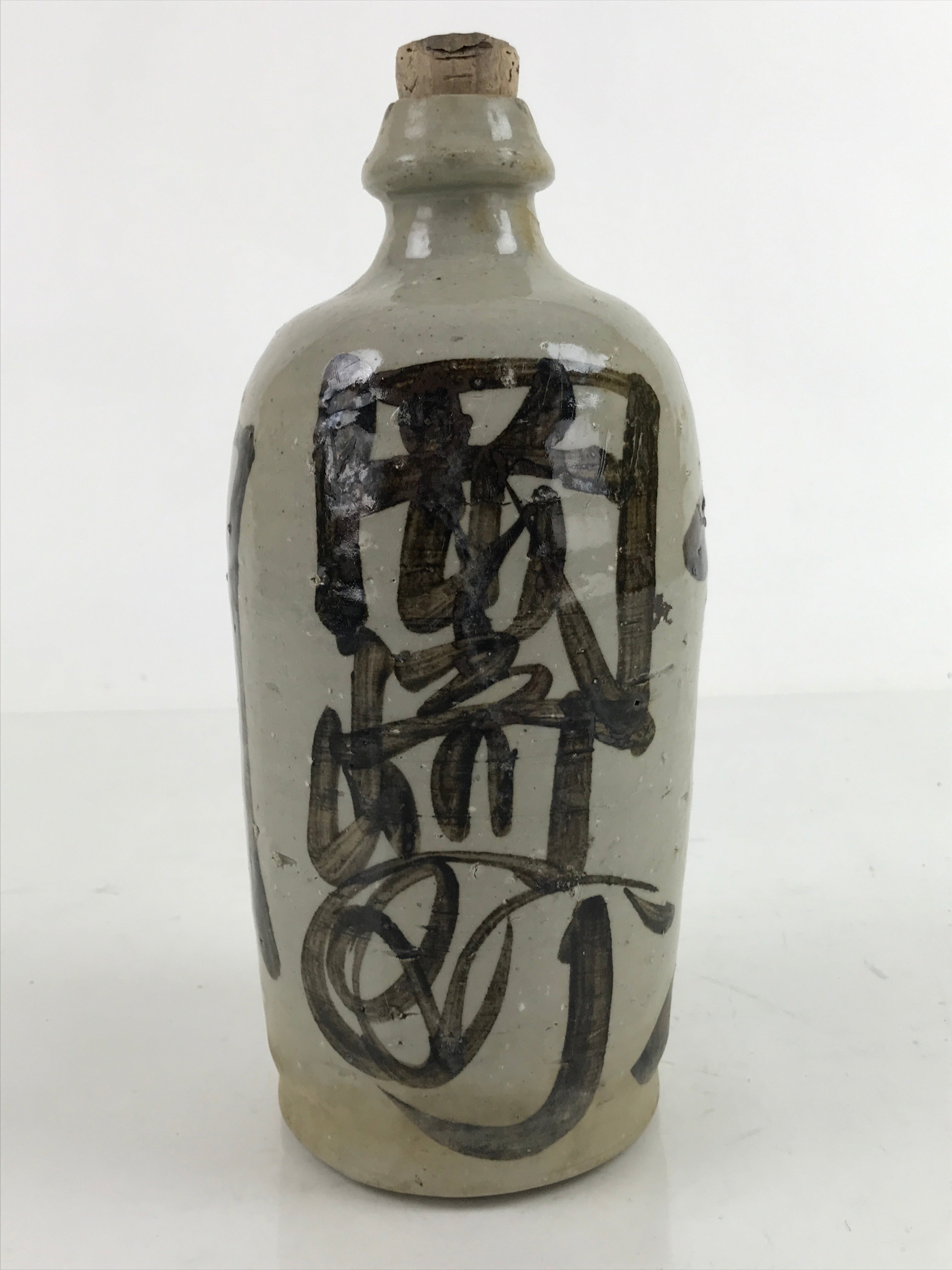 Antique Japanese Ceramic Sake Bottle Kayoi-Tokkuri Gray Brown Kanji Cork TS731