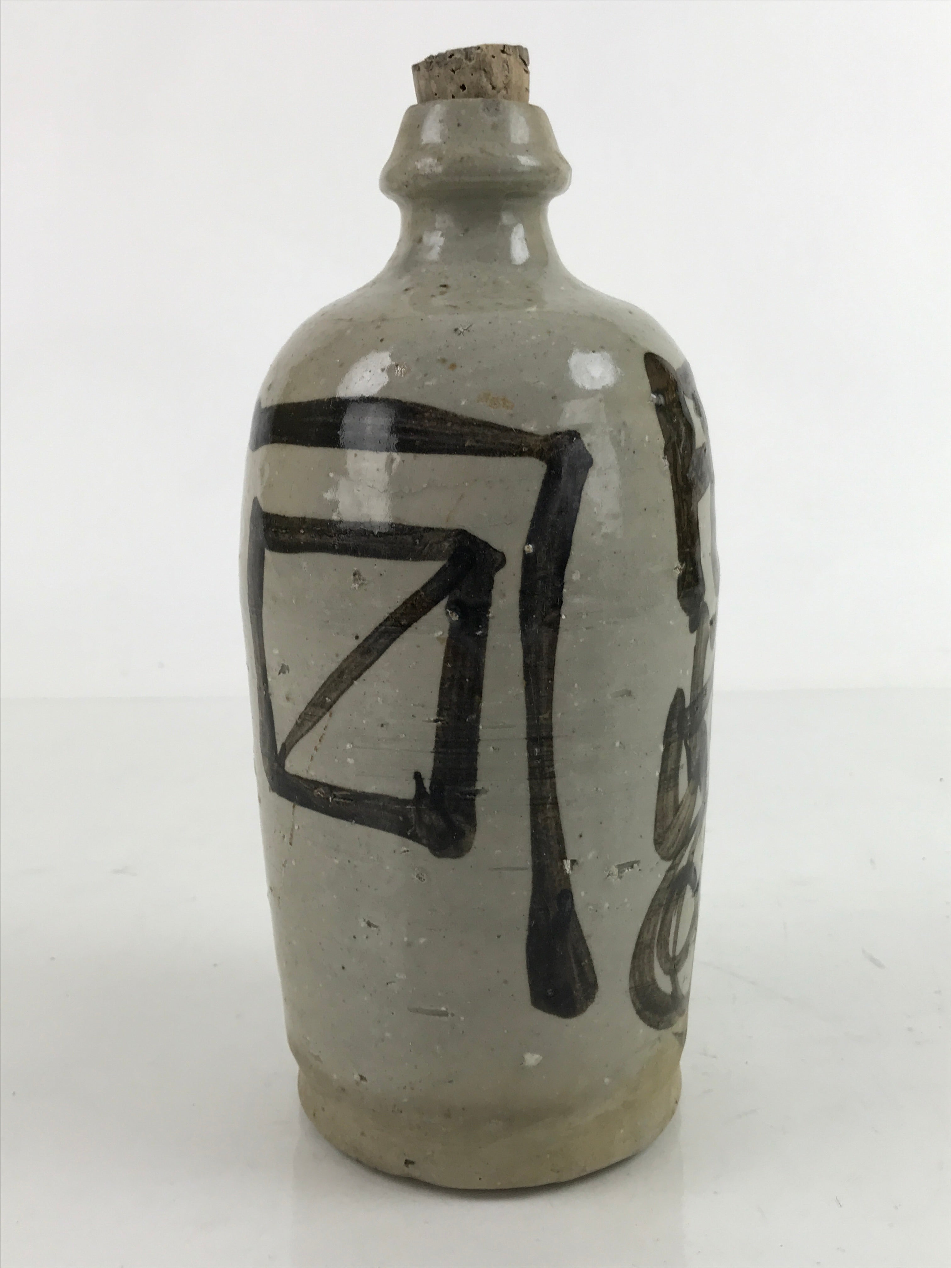 Antique Japanese Ceramic Sake Bottle Kayoi-Tokkuri Gray Brown Kanji Cork TS731