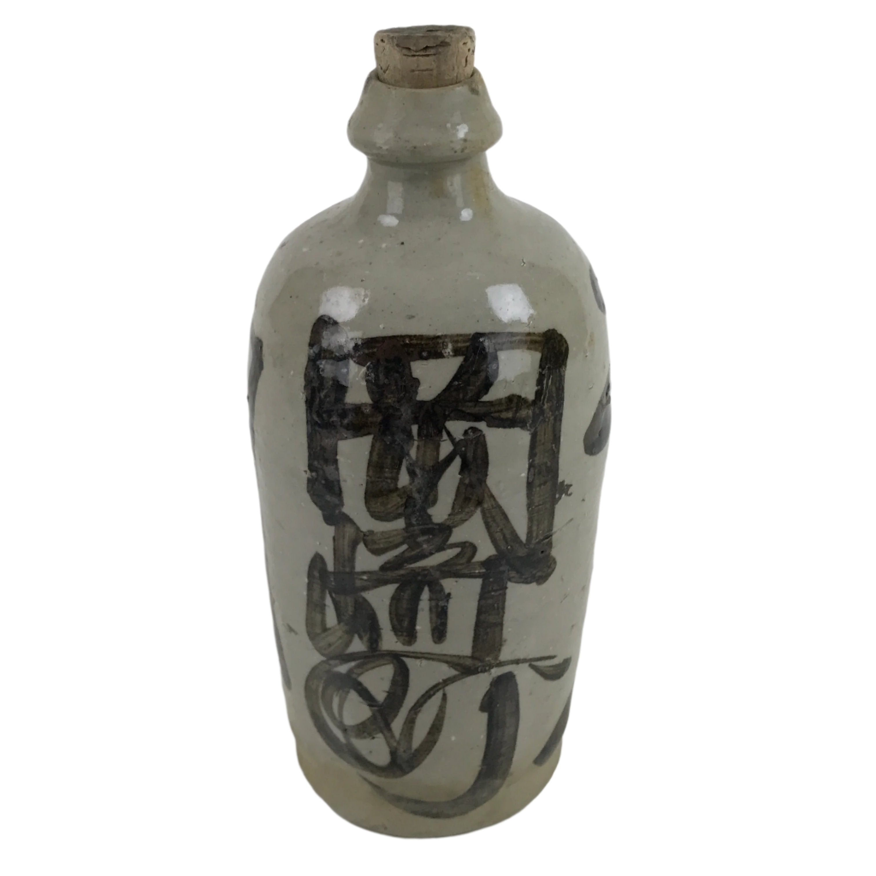 Antique Japanese Ceramic Sake Bottle Kayoi-Tokkuri Gray Brown Kanji Cork TS731