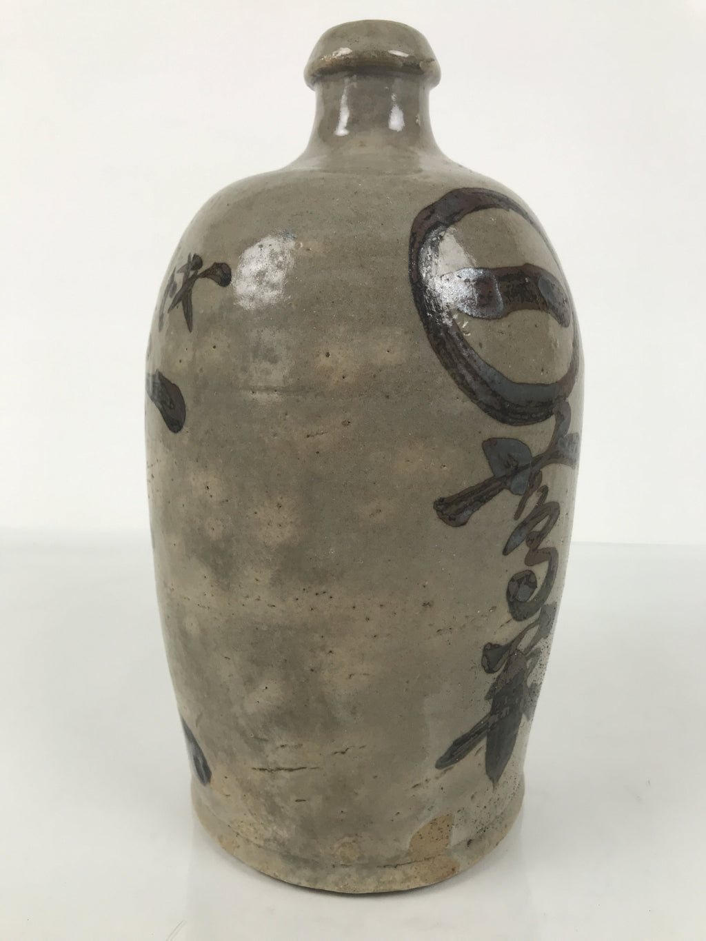 Antique Japanese Ceramic Sake Bottle Kayoi-Tokkuri Gray Brown Kanji Kuroda TS912