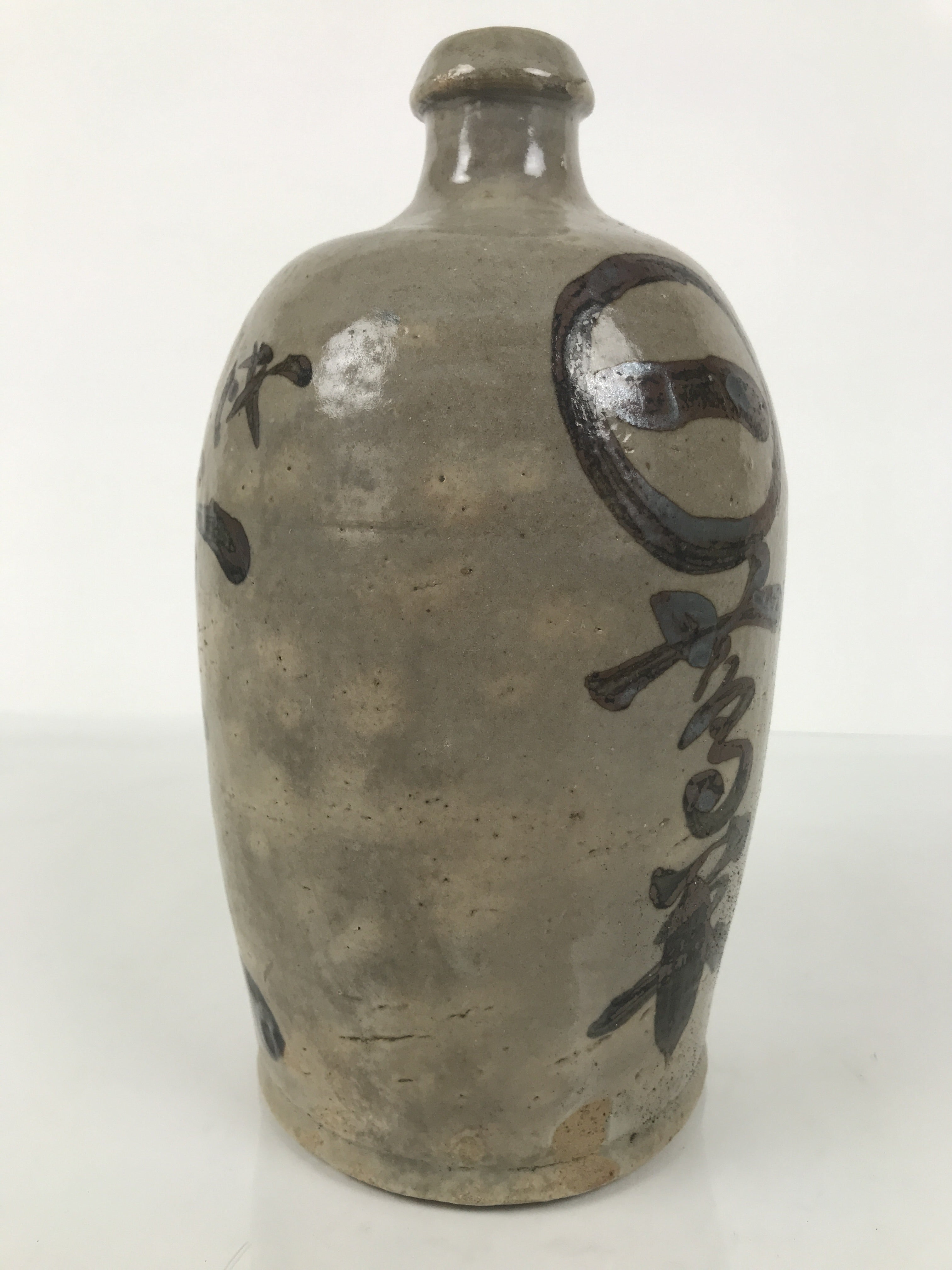 Antique Japanese Ceramic Sake Bottle Kayoi-Tokkuri Gray Brown Kanji Kuroda TS912