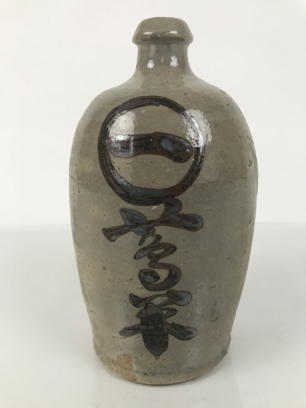 Antique Japanese Ceramic Sake Bottle Kayoi-Tokkuri Gray Brown Kanji Kuroda TS912