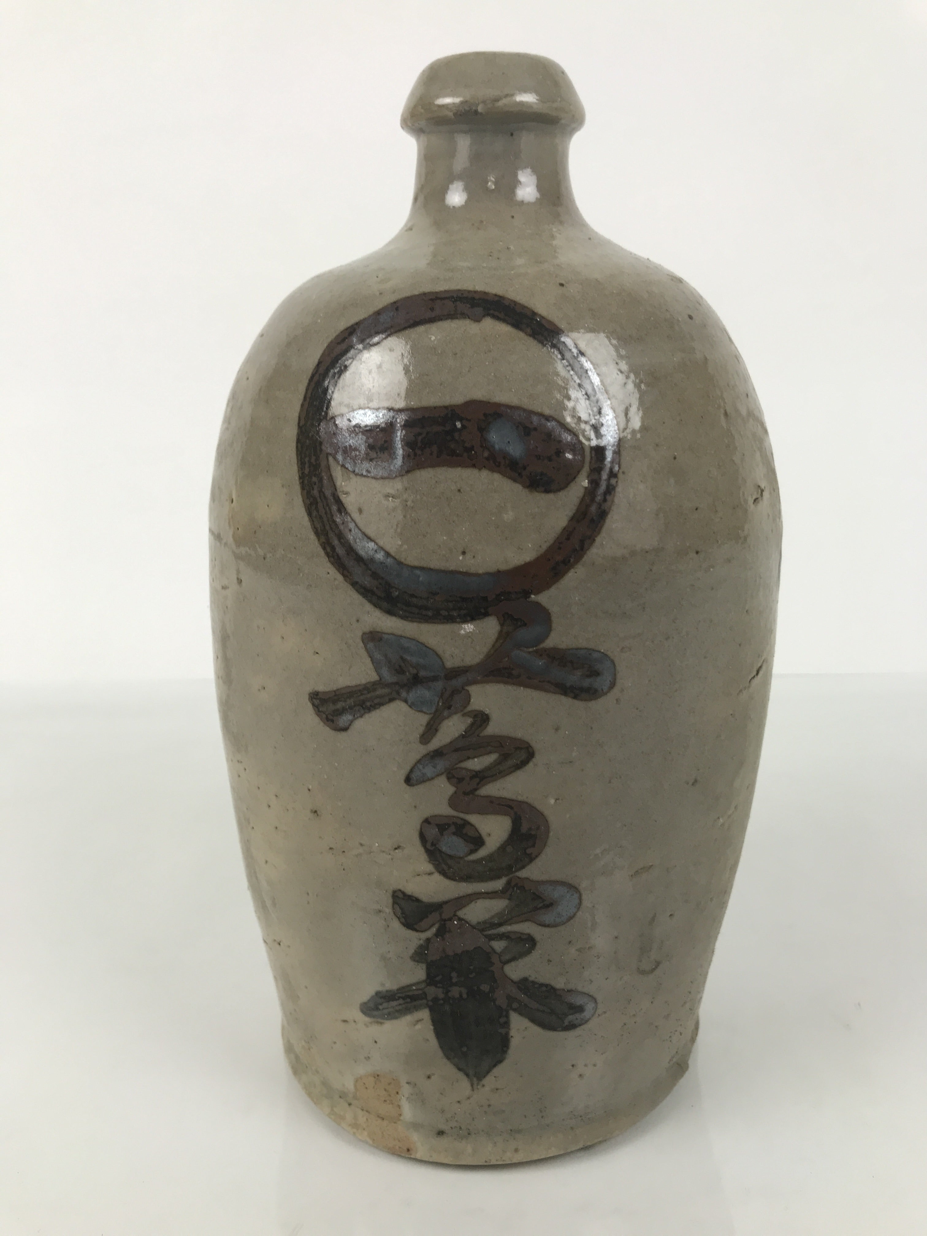 Antique Japanese Ceramic Sake Bottle Kayoi-Tokkuri Gray Brown Kanji Kuroda TS912