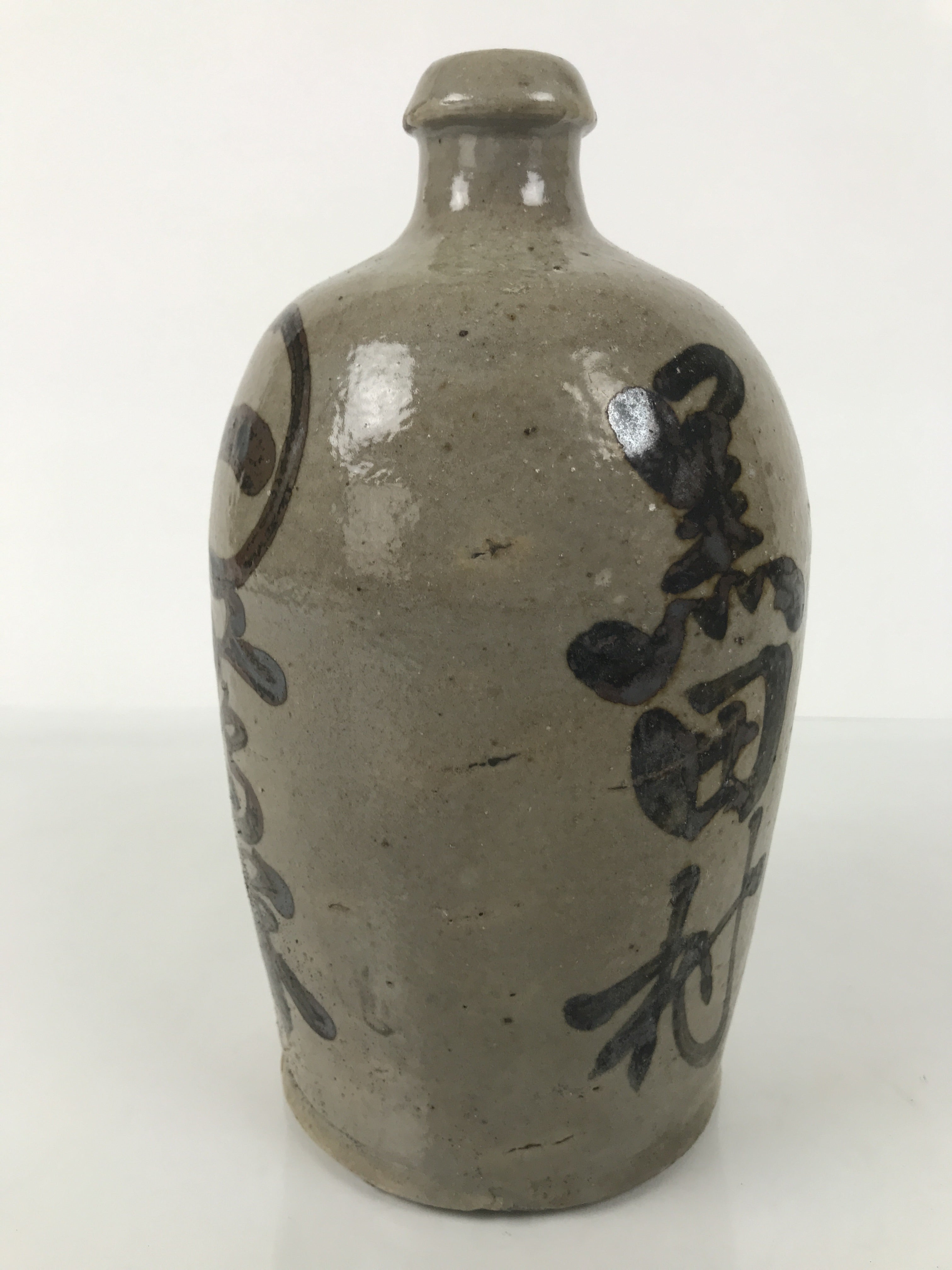 Antique Japanese Ceramic Sake Bottle Kayoi-Tokkuri Gray Brown Kanji Kuroda TS912