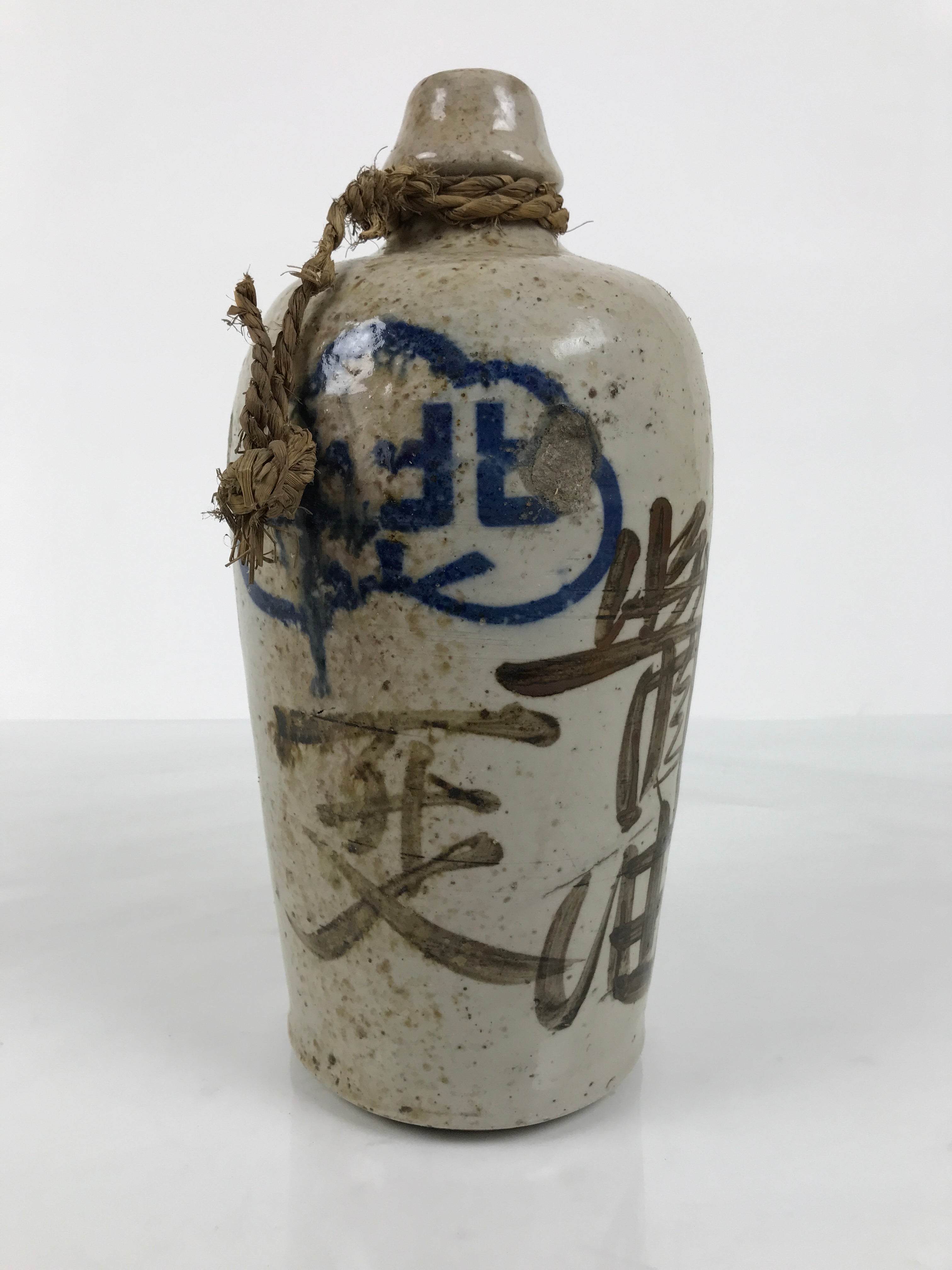 Antique Japanese Ceramic Sake Bottle Kayoi-Tokkuri Gray Brown Kanji Shoyu TS883