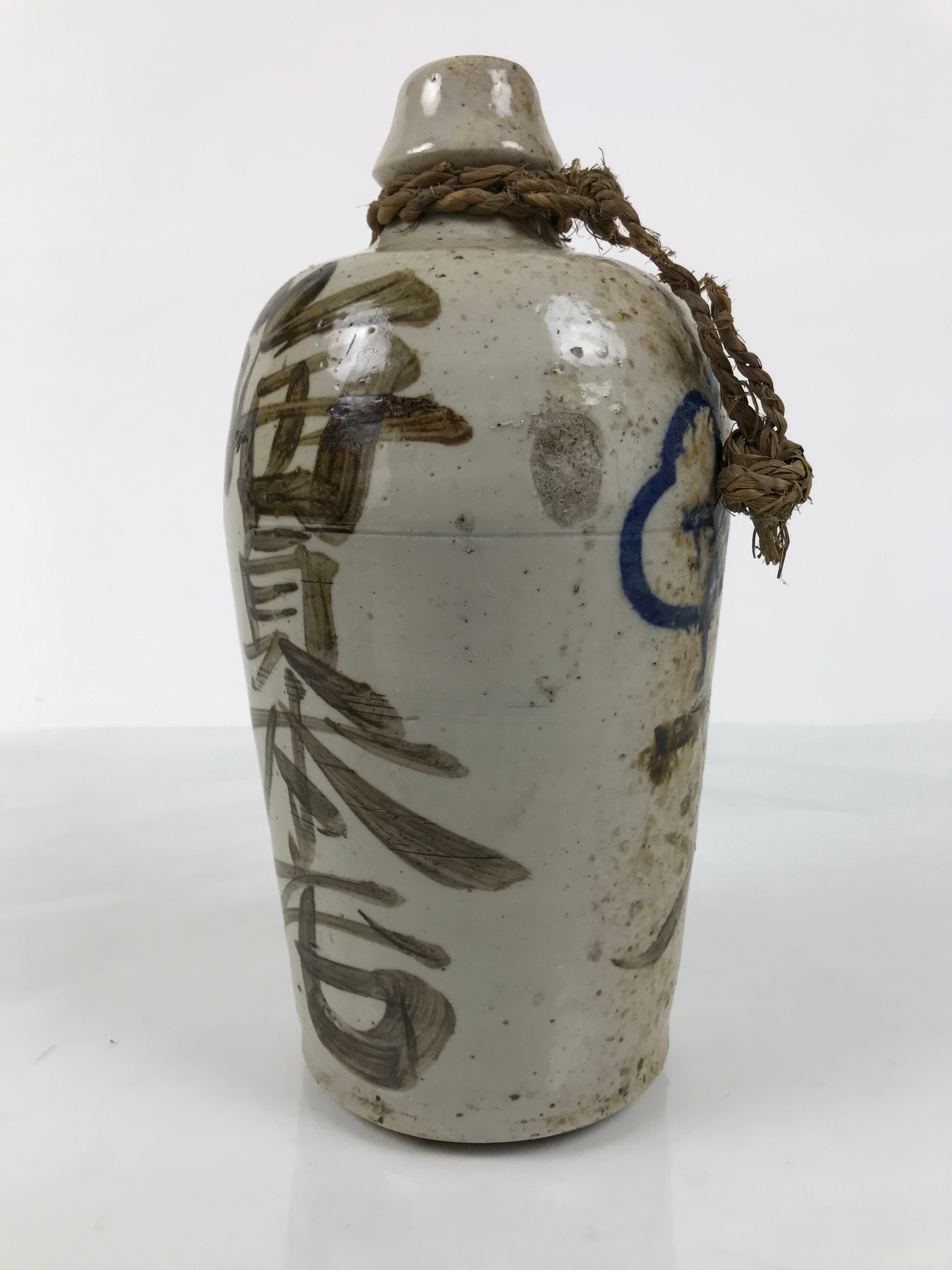 Antique Japanese Ceramic Sake Bottle Kayoi-Tokkuri Gray Brown Kanji Shoyu TS883