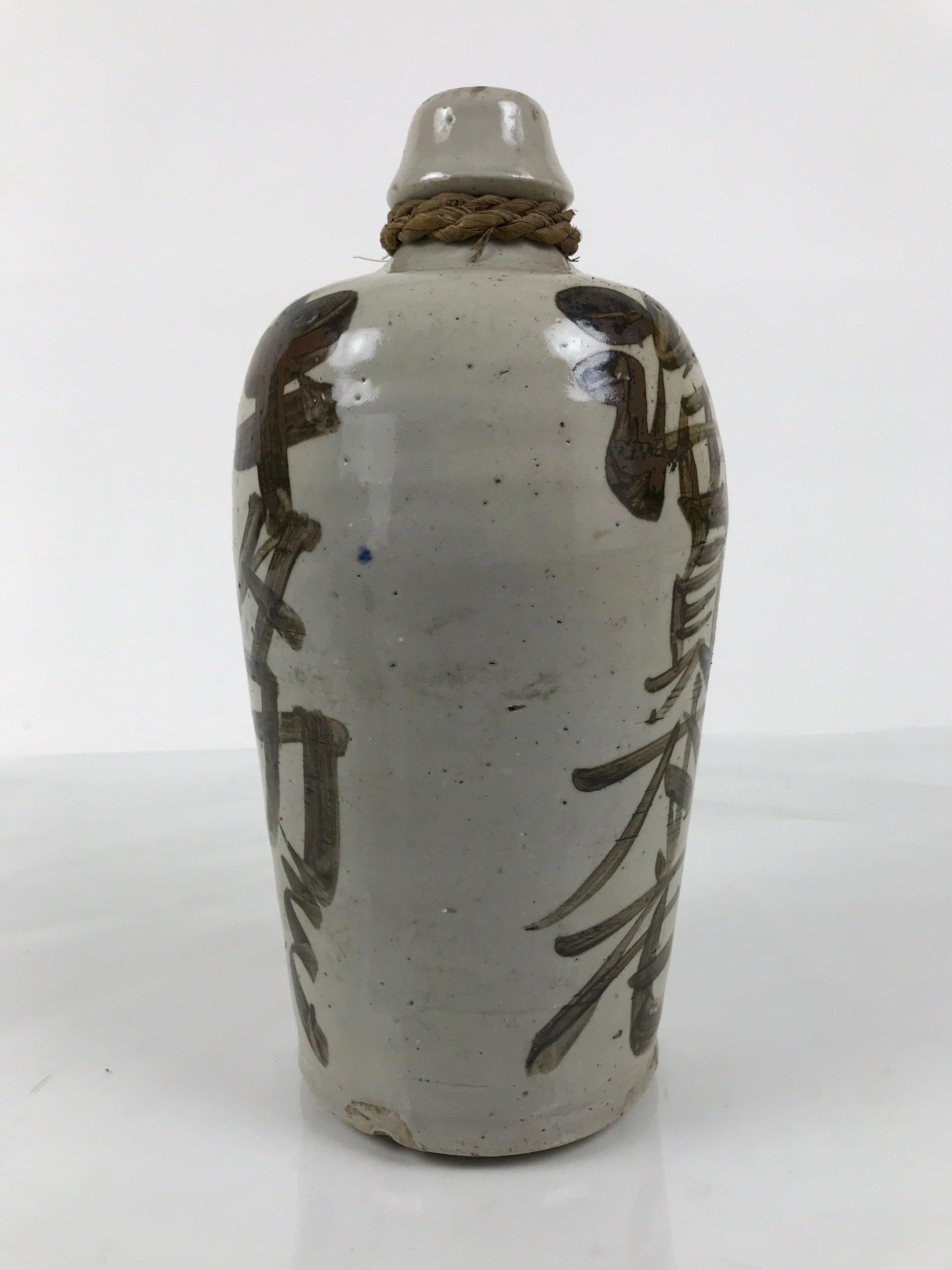 Antique Japanese Ceramic Sake Bottle Kayoi-Tokkuri Gray Brown Kanji Shoyu TS883