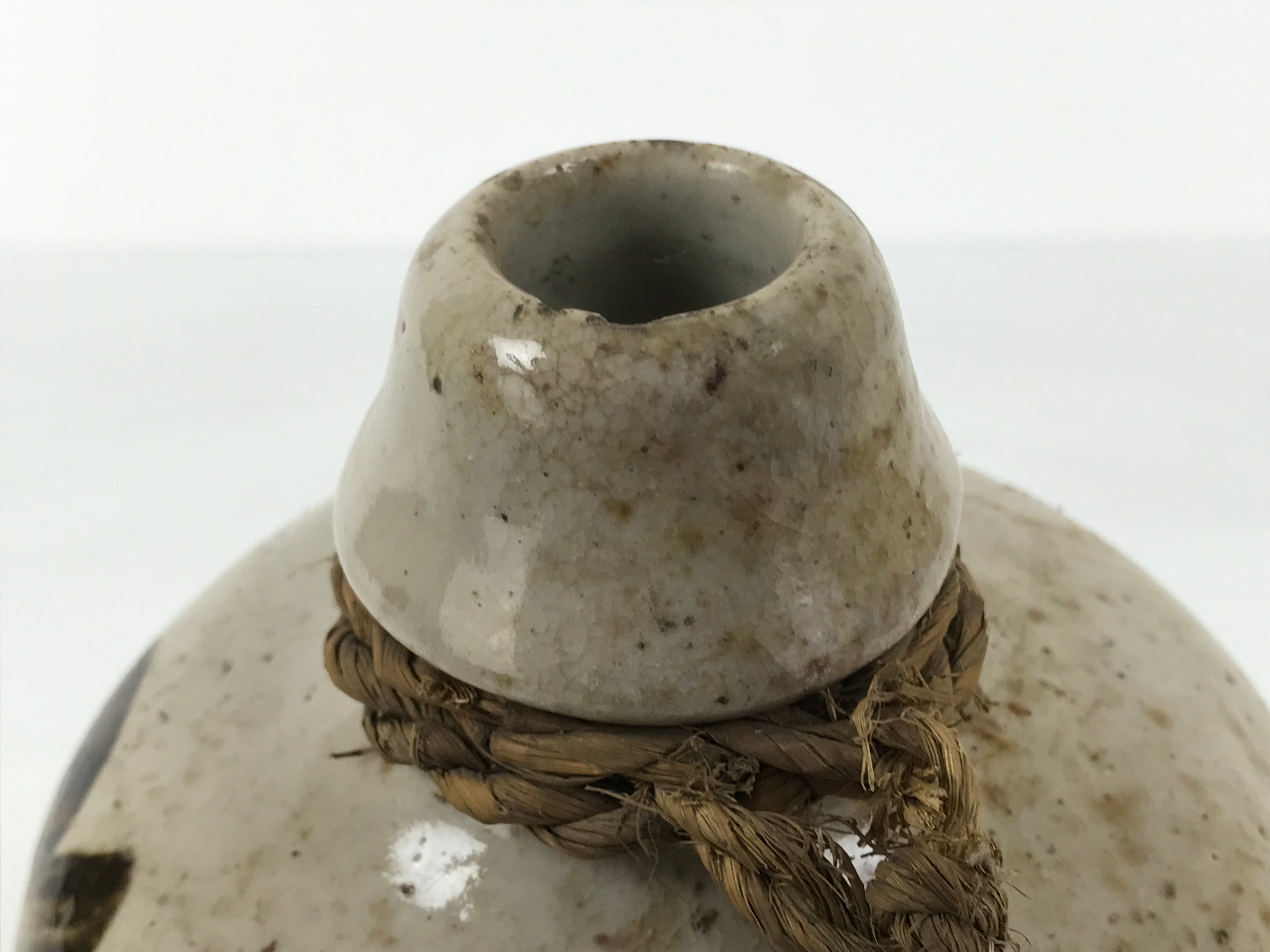 Antique Japanese Ceramic Sake Bottle Kayoi-Tokkuri Gray Brown Kanji Shoyu TS883