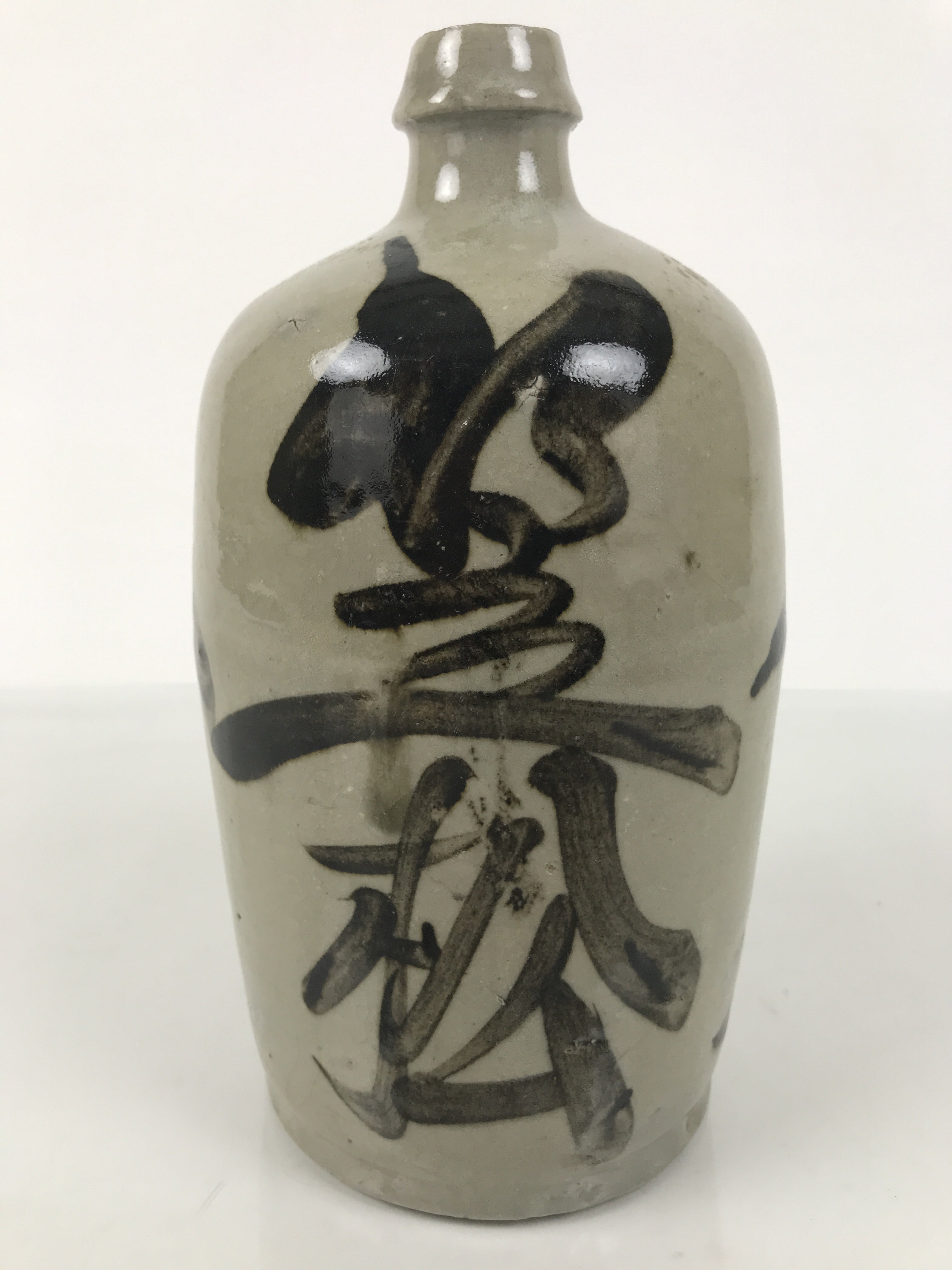 Antique Japanese Ceramic Sake Bottle Kayoi-Tokkuri Gray Brown Kasamatsu TS911