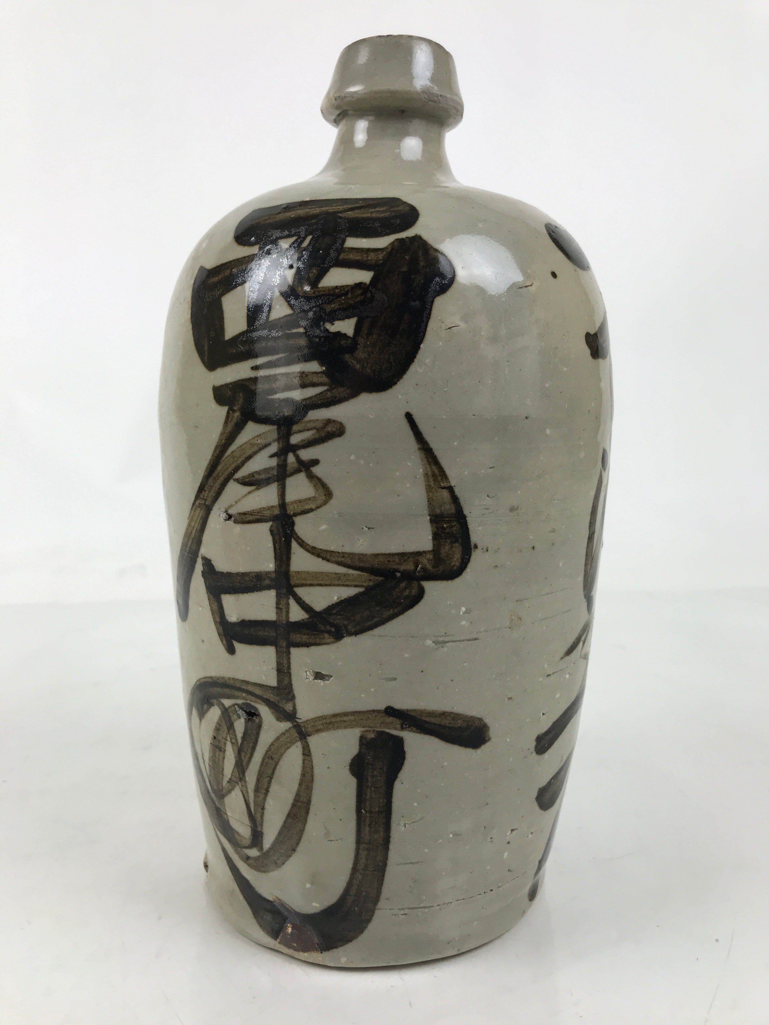 Antique Japanese Ceramic Sake Bottle Kayoi-Tokkuri Gray Dark Brown Kanji TS786