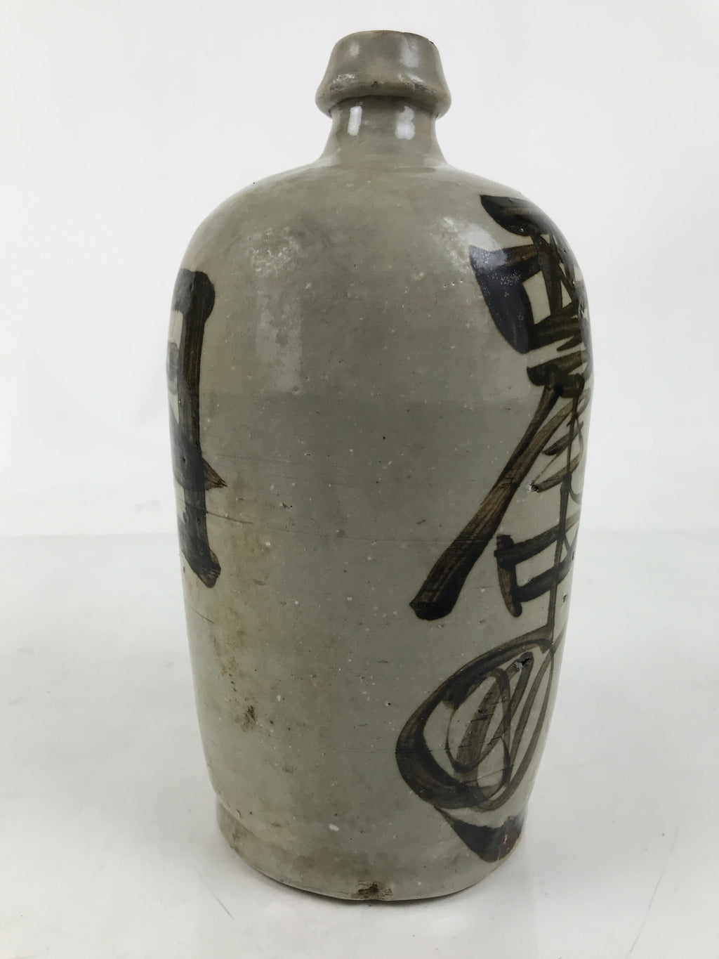 Antique Japanese Ceramic Sake Bottle Kayoi-Tokkuri Gray Dark Brown Kanji TS786