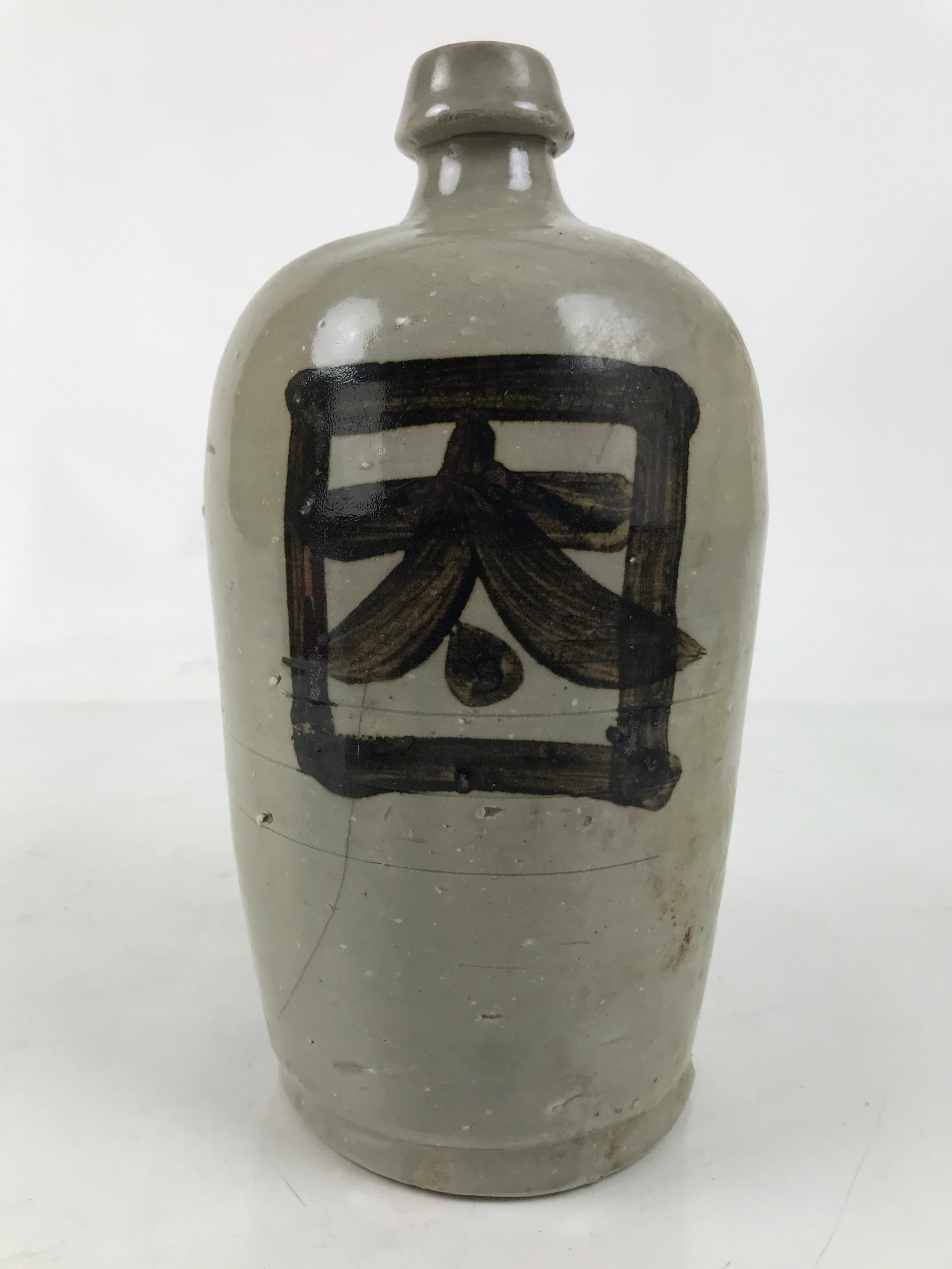 Antique Japanese Ceramic Sake Bottle Kayoi-Tokkuri Gray Dark Brown Kanji TS786
