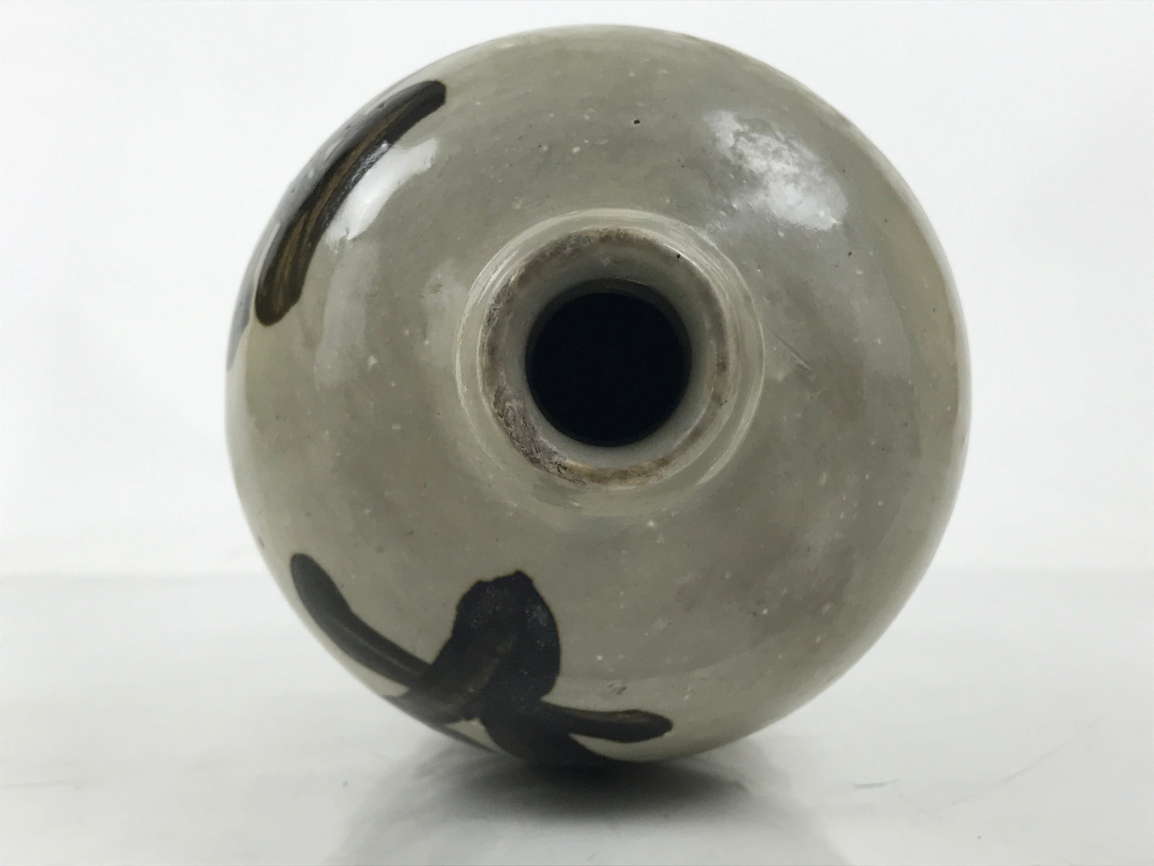 Antique Japanese Ceramic Sake Bottle Kayoi-Tokkuri Gray Dark Brown Kanji TS786