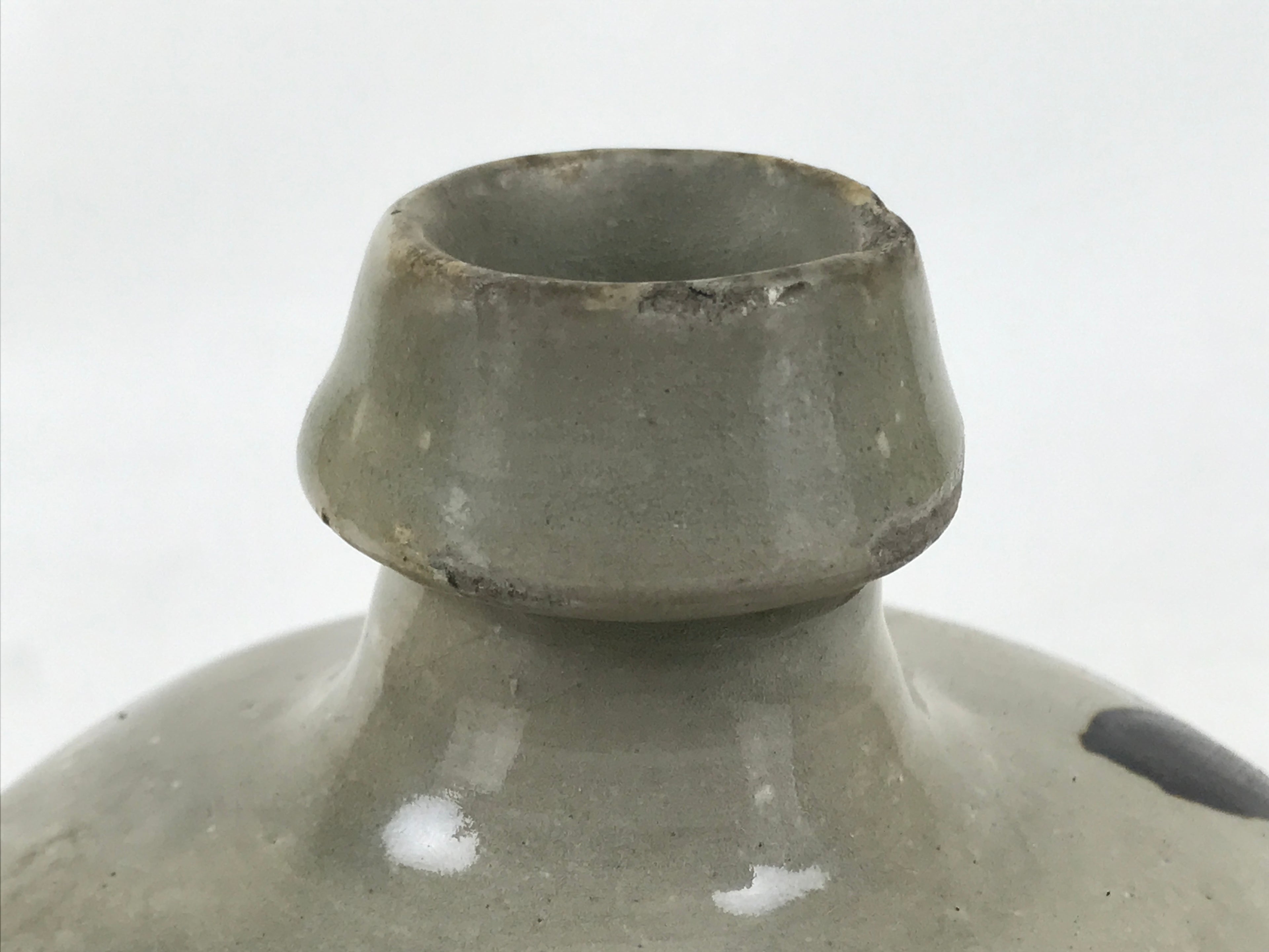 Antique Japanese Ceramic Sake Bottle Kayoi-Tokkuri Gray Dark Brown Kanji TS786