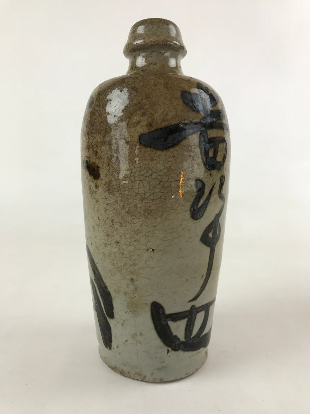 Antique Japanese Ceramic Sake Bottle Kayoi-Tokkuri Gray Hand-Written Kanji TS578