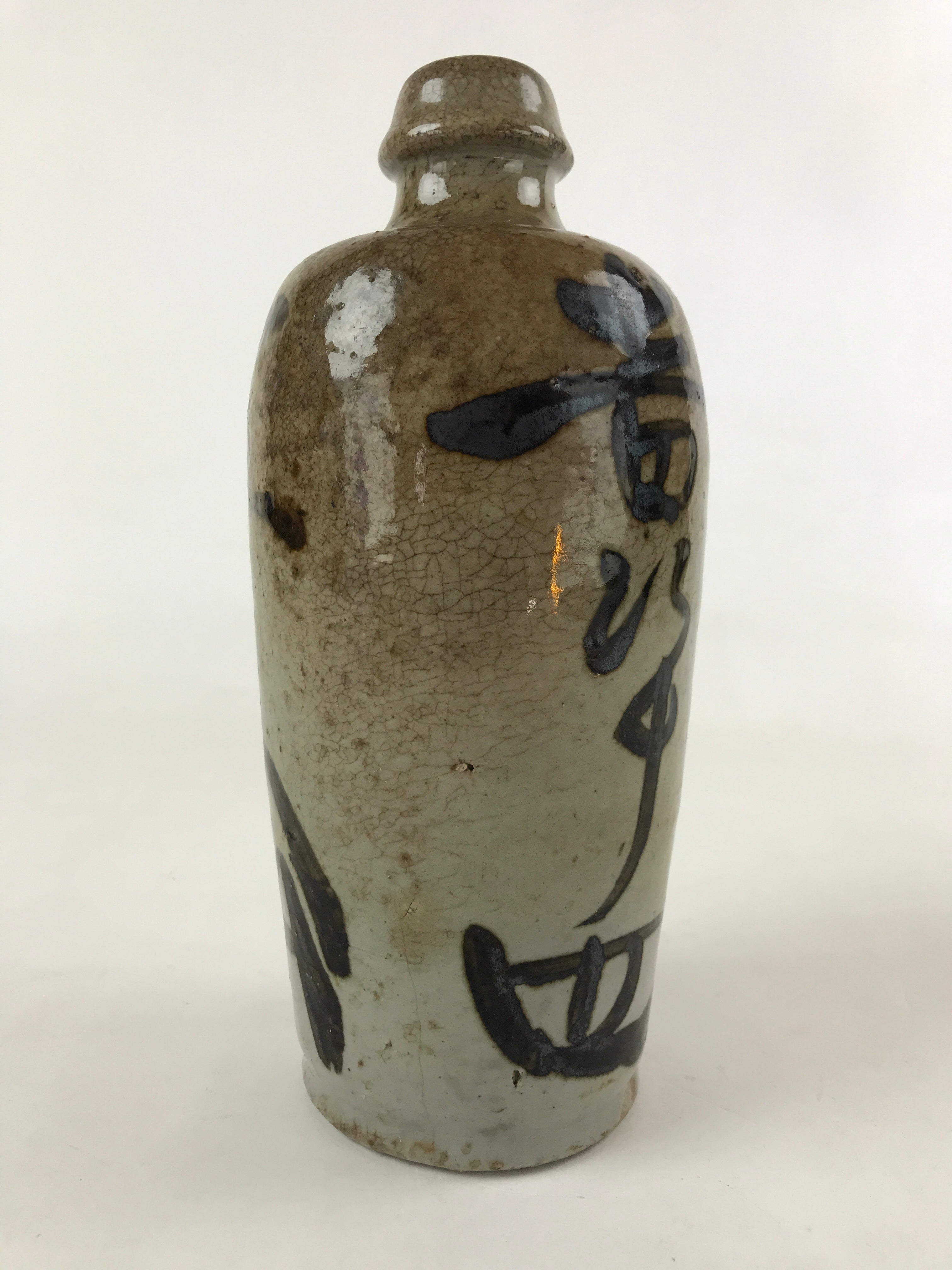 Antique Japanese Ceramic Sake Bottle Kayoi-Tokkuri Gray Hand-Written Kanji TS578