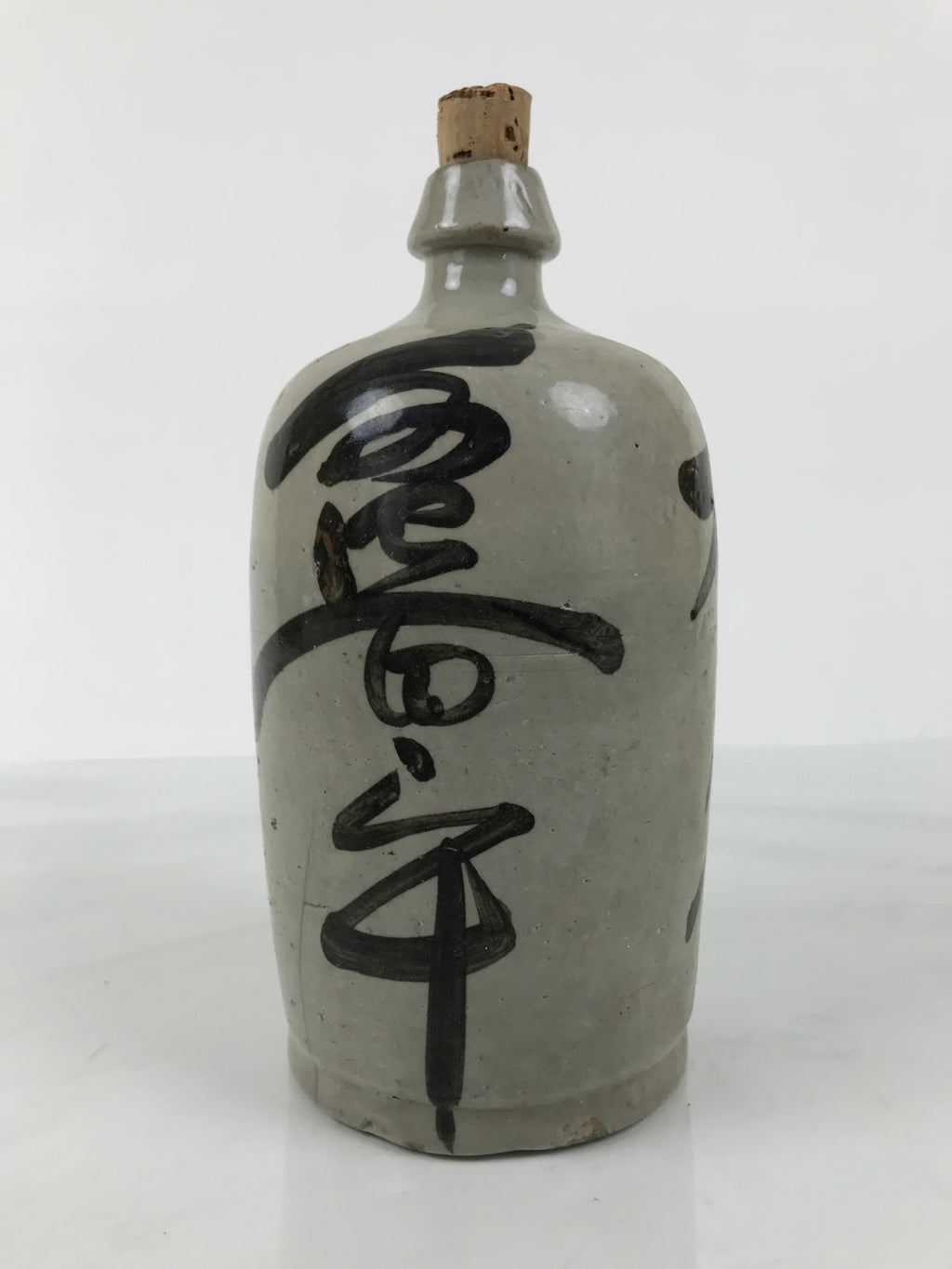 Antique Japanese Ceramic Sake Bottle Kayoi-Tokkuri Gray Kanji Cork Nishio TS861