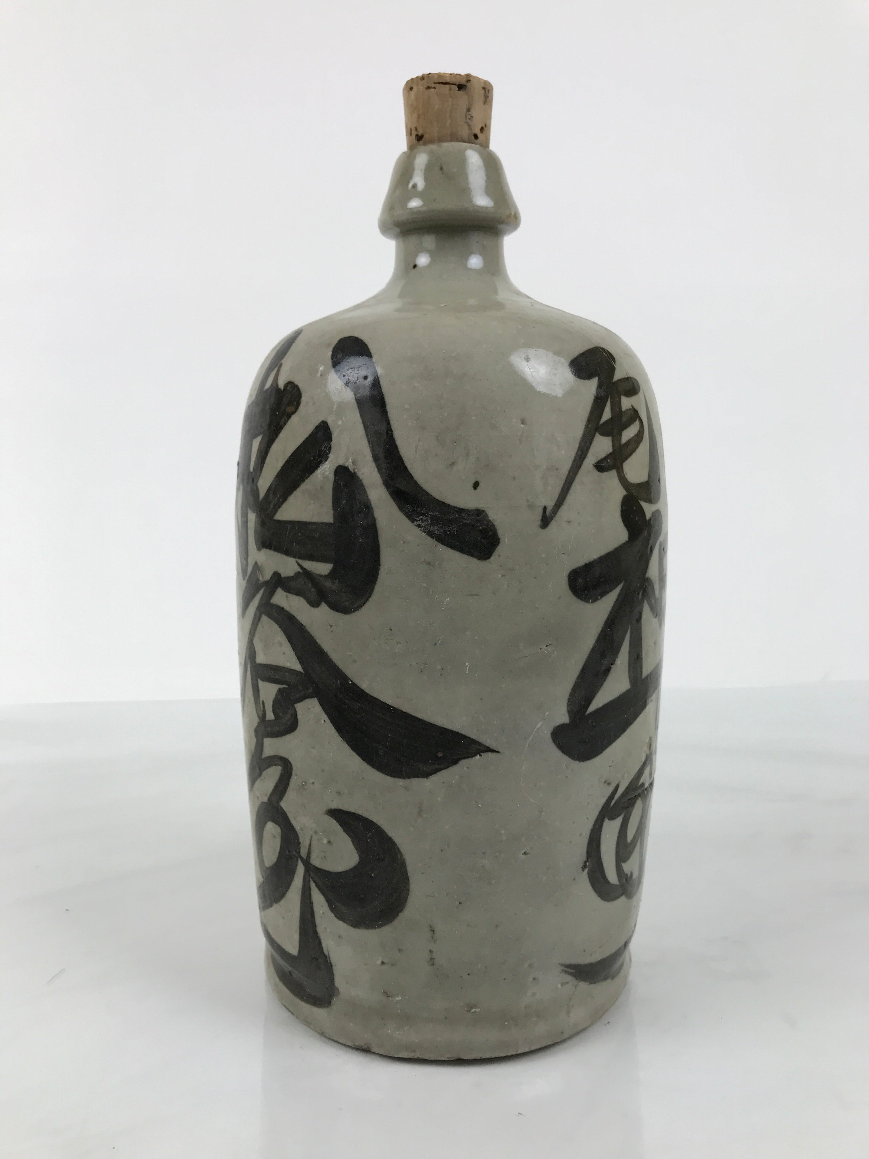 Antique Japanese Ceramic Sake Bottle Kayoi-Tokkuri Gray Kanji Cork Nishio TS861