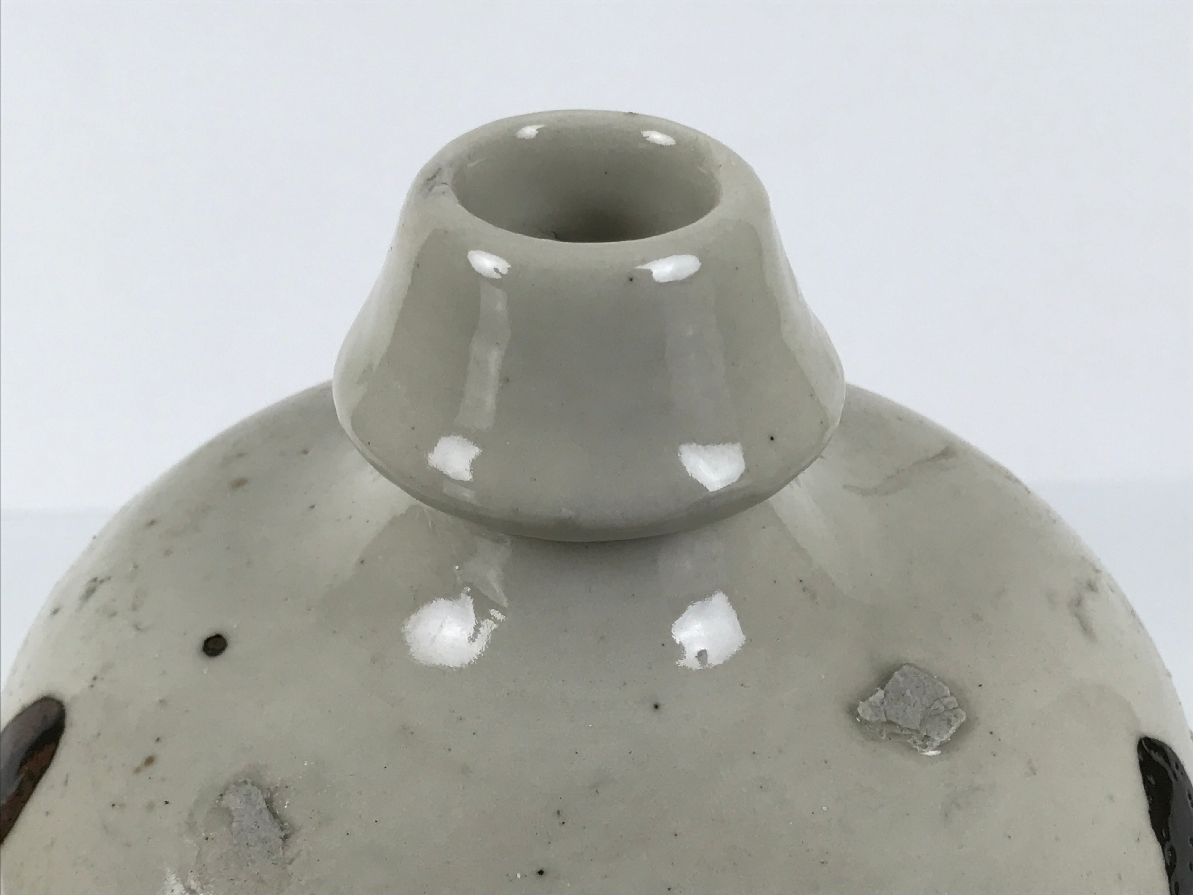 Antique Japanese Ceramic Sake Bottle Kayoi-Tokkuri Gray Kanji Crane Turtle TS863