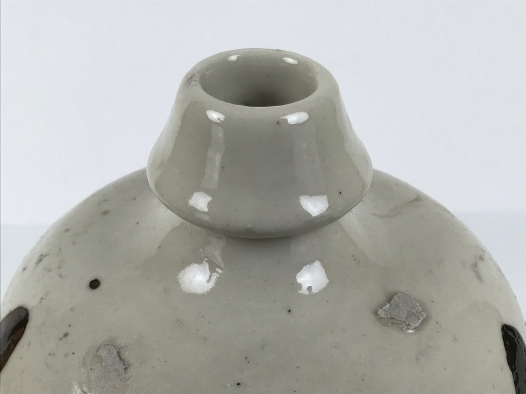 Antique Japanese Ceramic Sake Bottle Kayoi-Tokkuri Gray Kanji Crane Turtle TS863