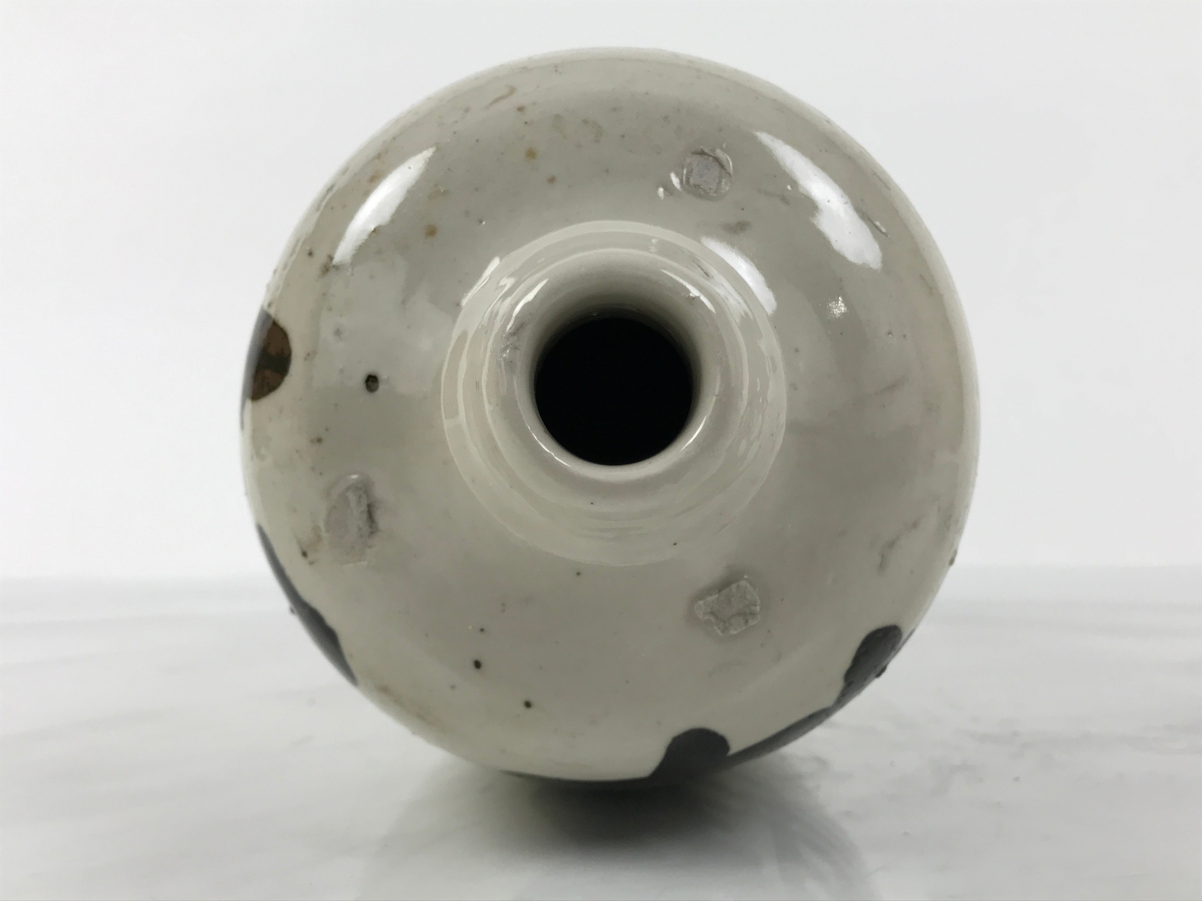 Antique Japanese Ceramic Sake Bottle Kayoi-Tokkuri Gray Kanji Crane Turtle TS863