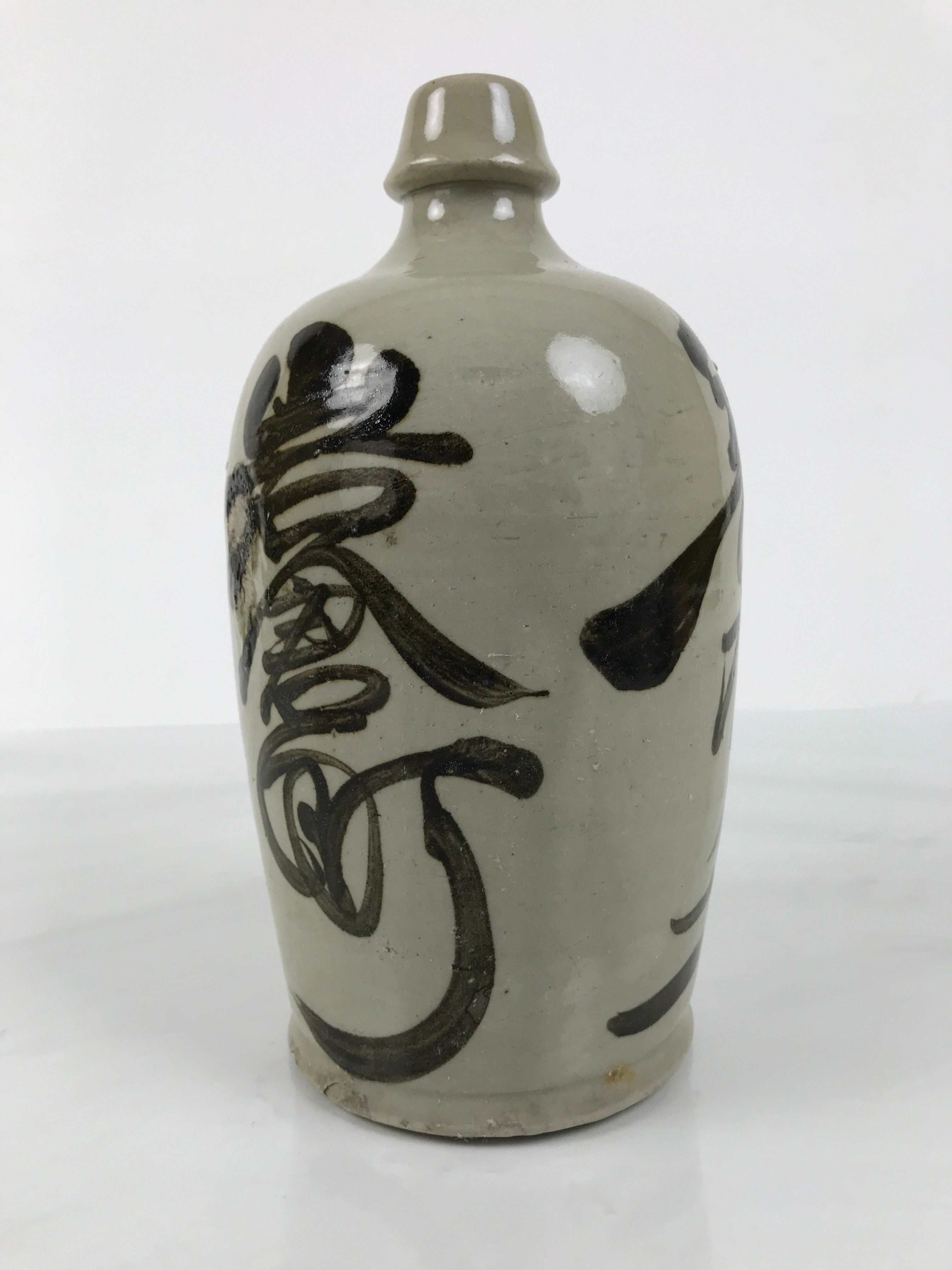 Antique Japanese Ceramic Sake Bottle Kayoi-Tokkuri Gray Kanji Iwakura TS856