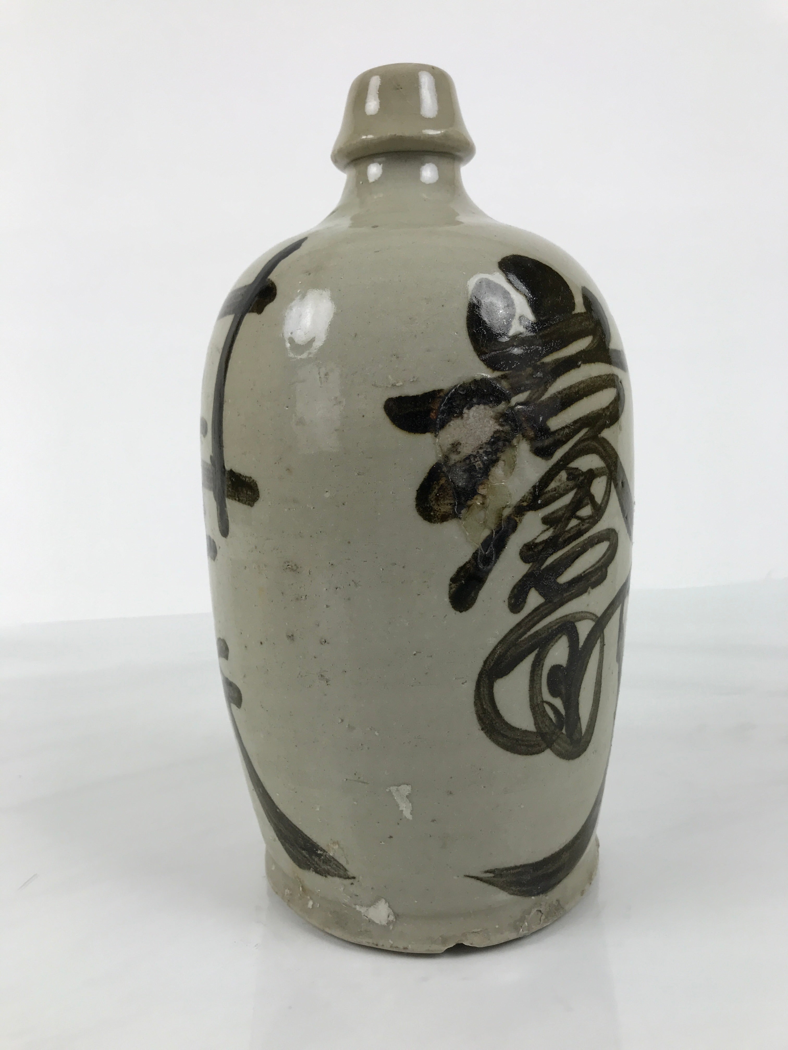 Antique Japanese Ceramic Sake Bottle Kayoi-Tokkuri Gray Kanji Iwakura TS856