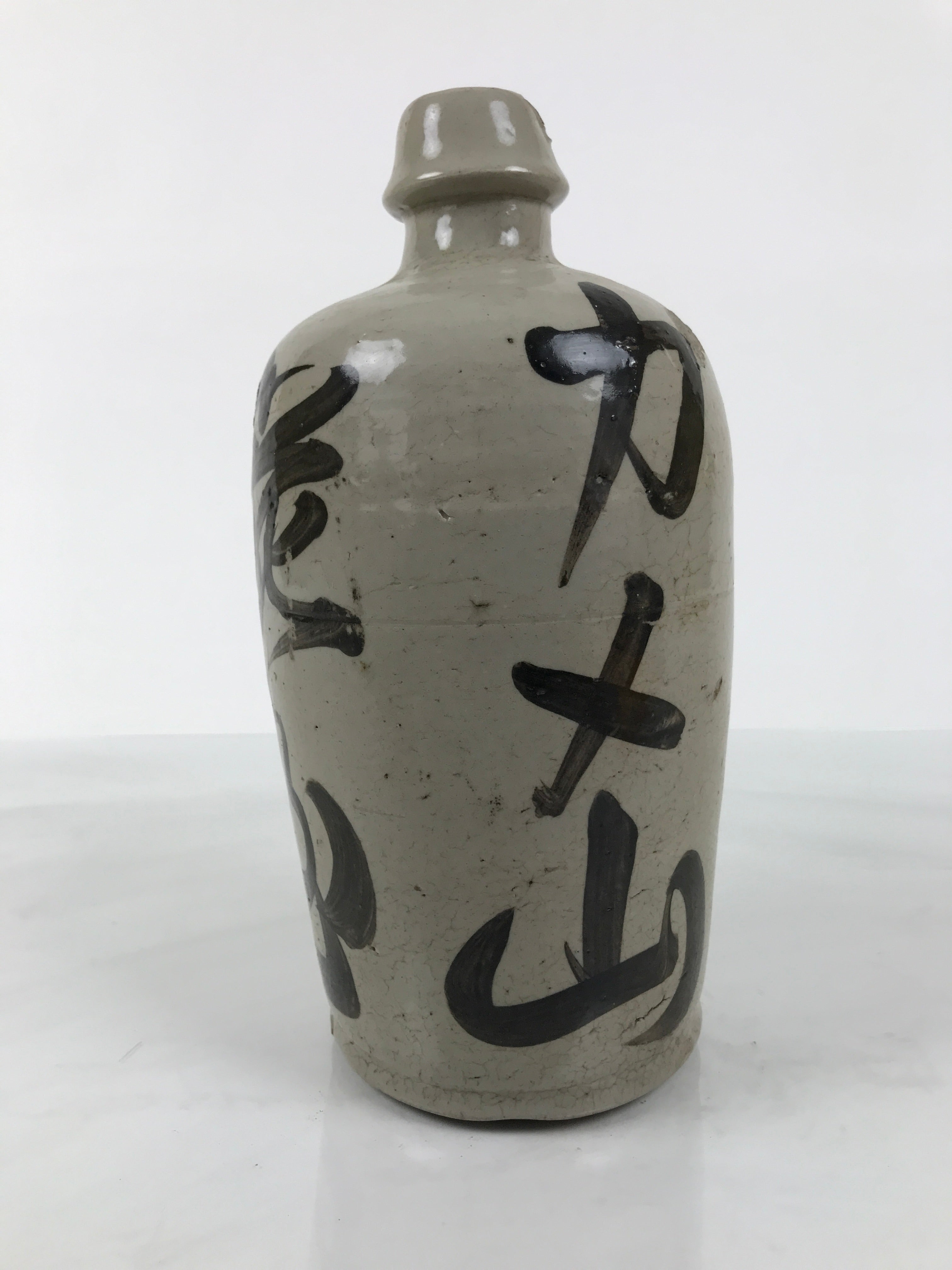 Antique Japanese Ceramic Sake Bottle Kayoi-Tokkuri Gray Kanji Kameyama TS865