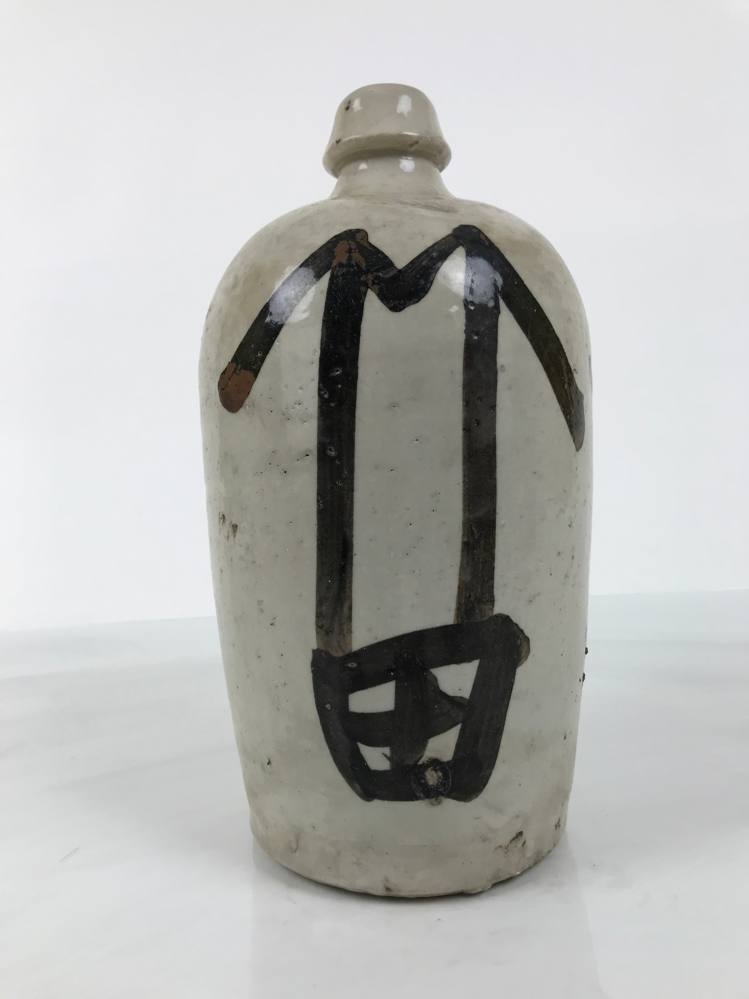 Antique Japanese Ceramic Sake Bottle Kayoi-Tokkuri Gray Kanji Kiyosu TS857