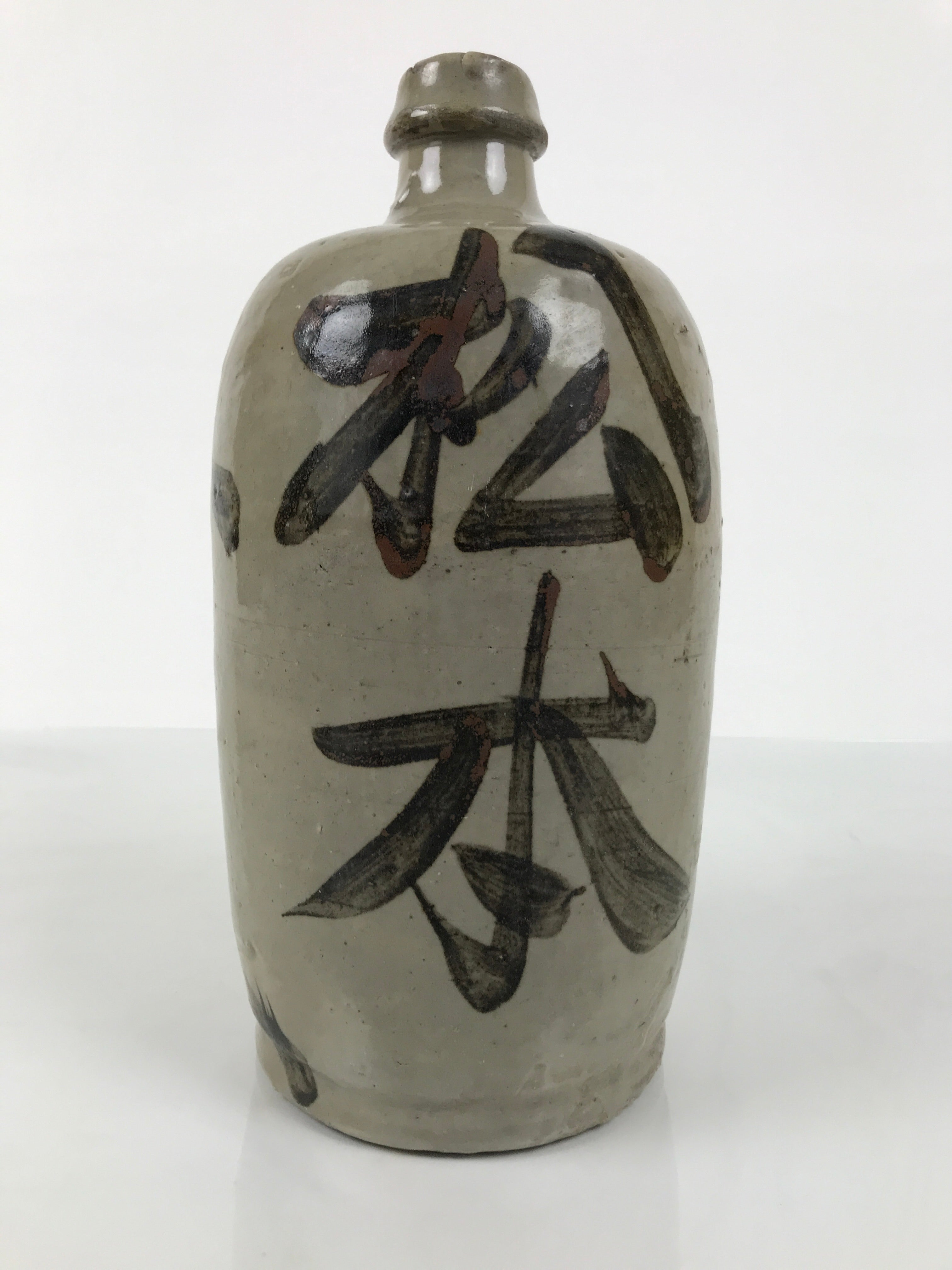 Antique Japanese Ceramic Sake Bottle Kayoi-Tokkuri Gray Kanji Matsumoto TS849