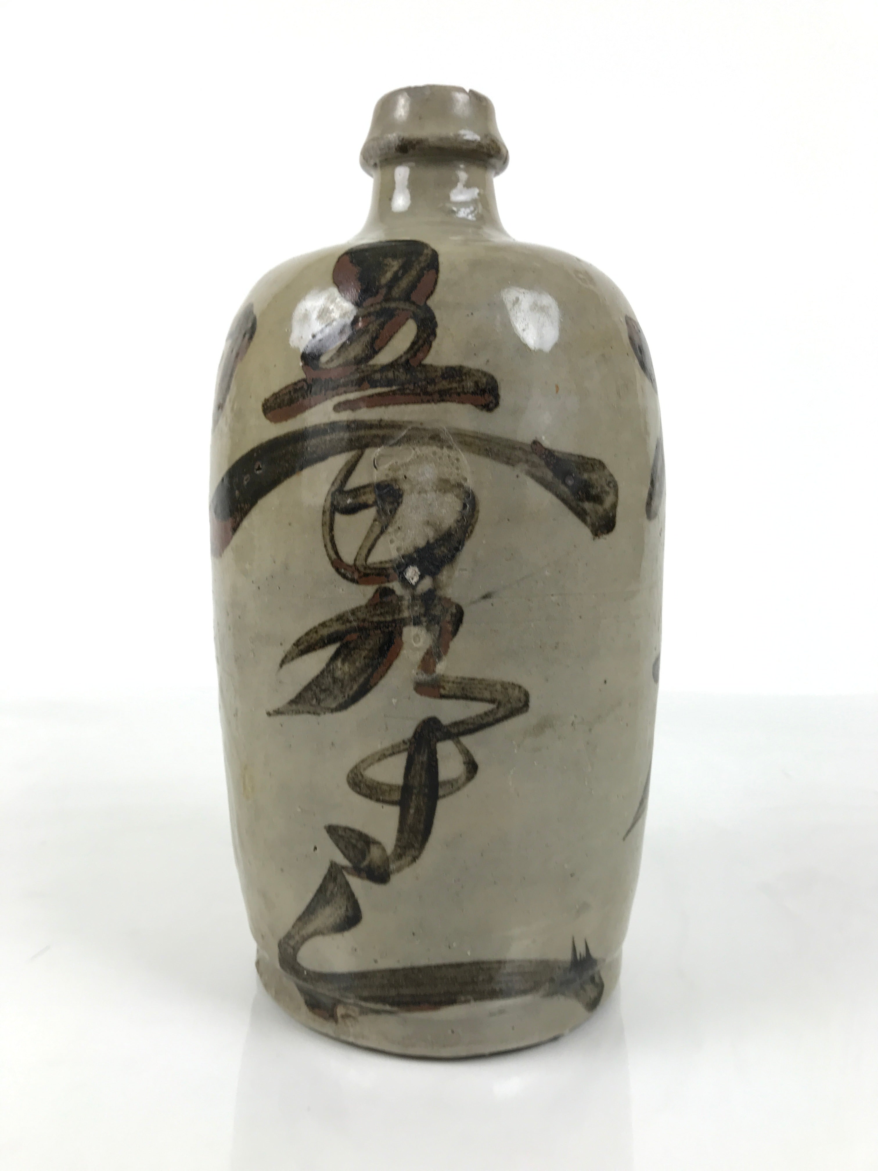 Antique Japanese Ceramic Sake Bottle Kayoi-Tokkuri Gray Kanji Matsumoto TS849