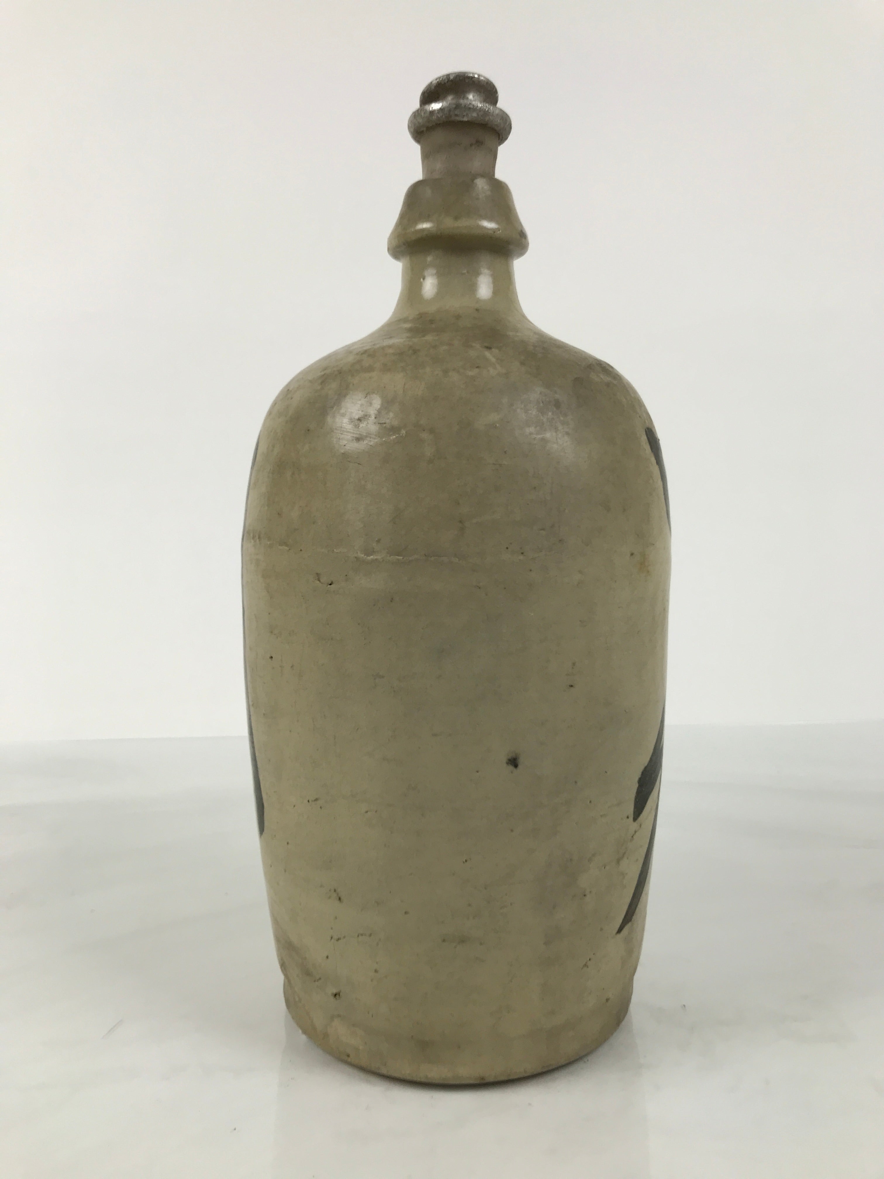 Antique Japanese Ceramic Sake Bottle Kayoi-Tokkuri Gray Kanji Nakahata Lid TS866