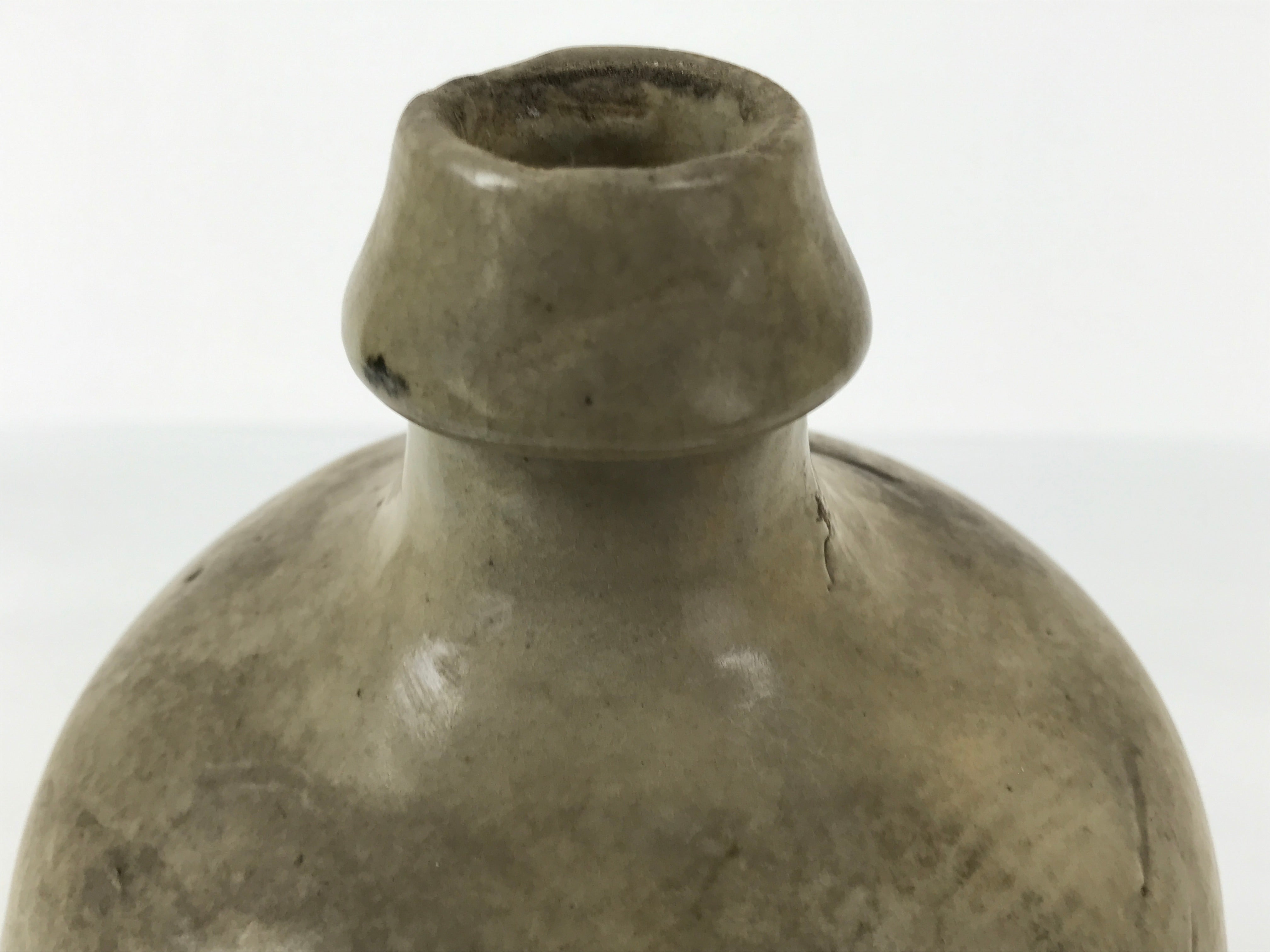 Antique Japanese Ceramic Sake Bottle Kayoi-Tokkuri Gray Kanji Nakahata Lid TS866